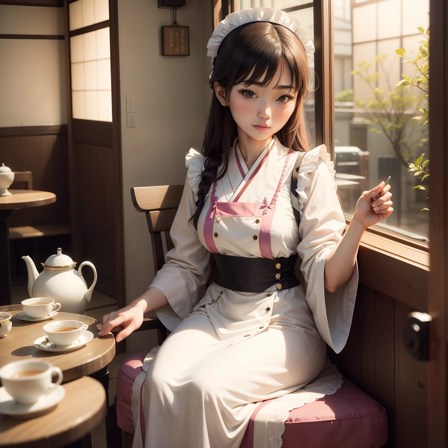 A Japanese Lady、Beautie、Beautuful Women、20yr old、Solo Shot、maid clothes、Maid Cafe、Patchy duplex、Outstanding style、tea shop