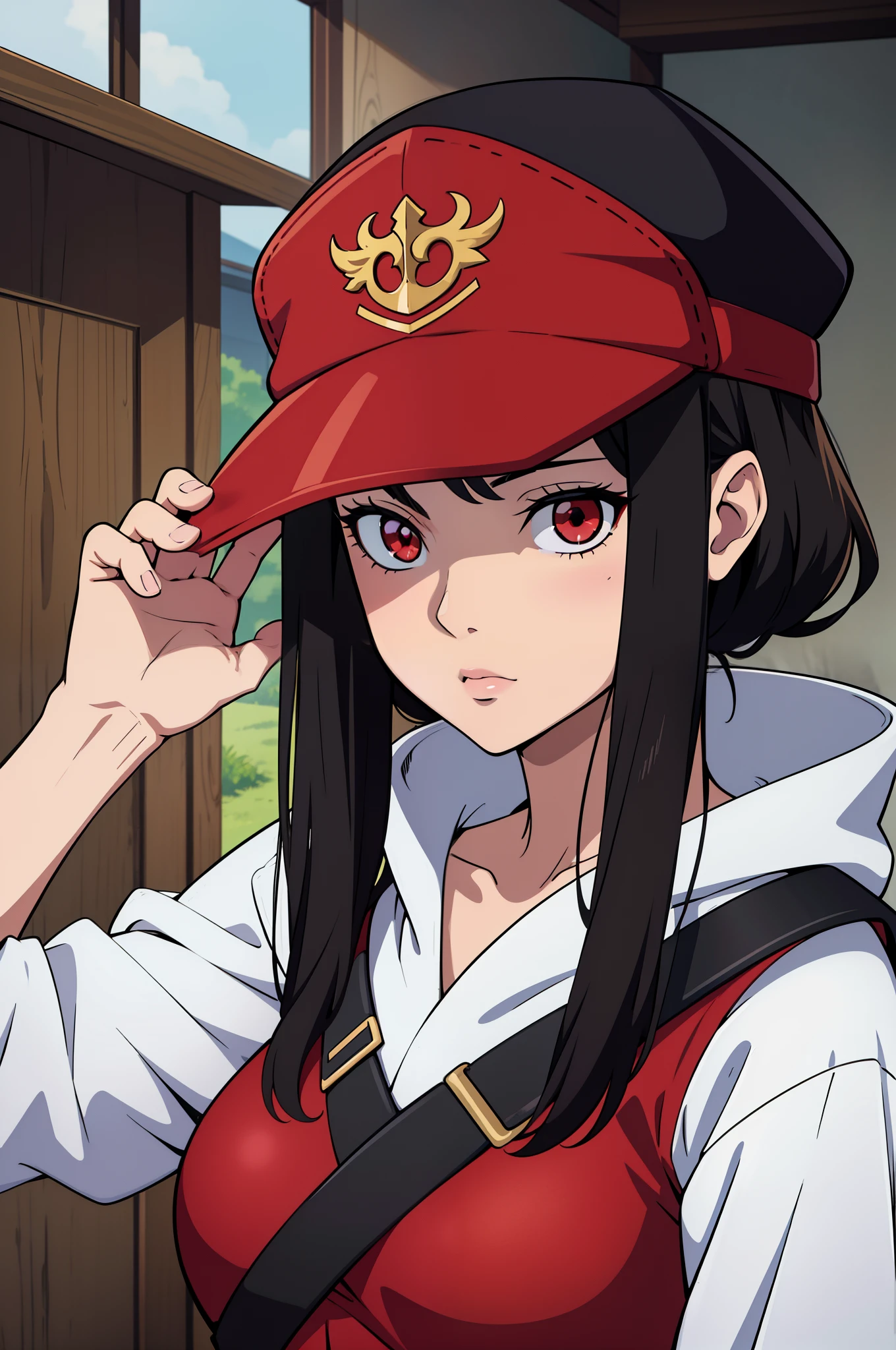 masterpiece, highly detailed, best quality, 1girl, adult, extremely detailed anime face and eyes, red eyes, black hair, black cap, combat, white noble clothes