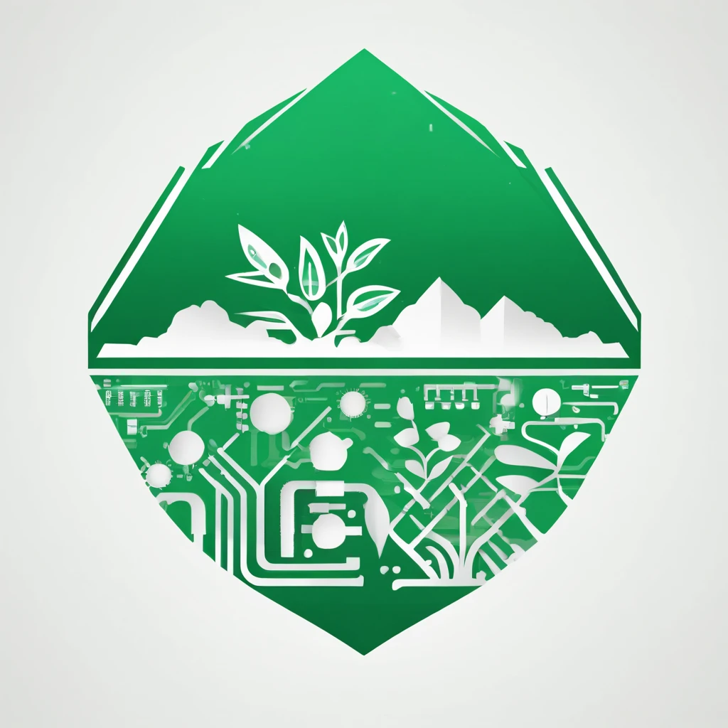A logo, Plant and electronic circuits, solid color, Simple design, in green, Simple white background, Small center, Circular platform::2,