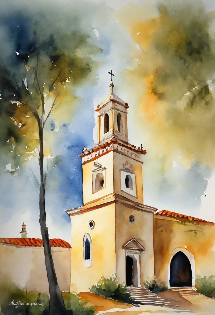 Igreja pequena vista de frente, Part of the church are a tower on the left and a tower on the right, em cada torre um sino, church, pintura clara aguada sobre papel branco, art painting, Capela igreja amarela clara com porta azul, pintura de aquarela sobre uma textura, aquarela clara, aquarela aguada, bordas esvanecendo sobre o papel