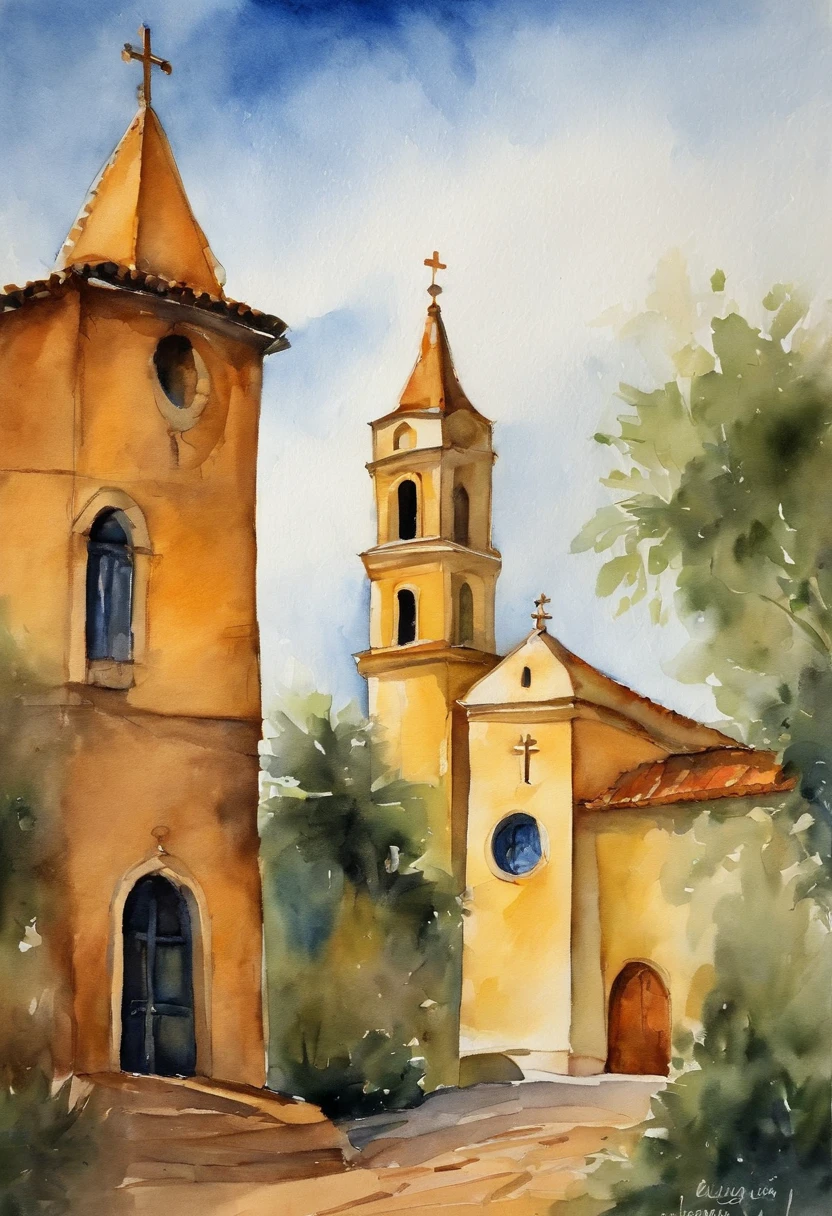 Igreja pequena vista de frente, Part of the church are a tower on the left and a tower on the right, em cada torre um sino, lonely church, pintura clara aguada sobre papel branco, art painting, Capela igreja amarela clara com porta azul, pintura de aquarela sobre uma textura, aquarela clara, aquarela aguada, bordas esvanecendo sobre o papel