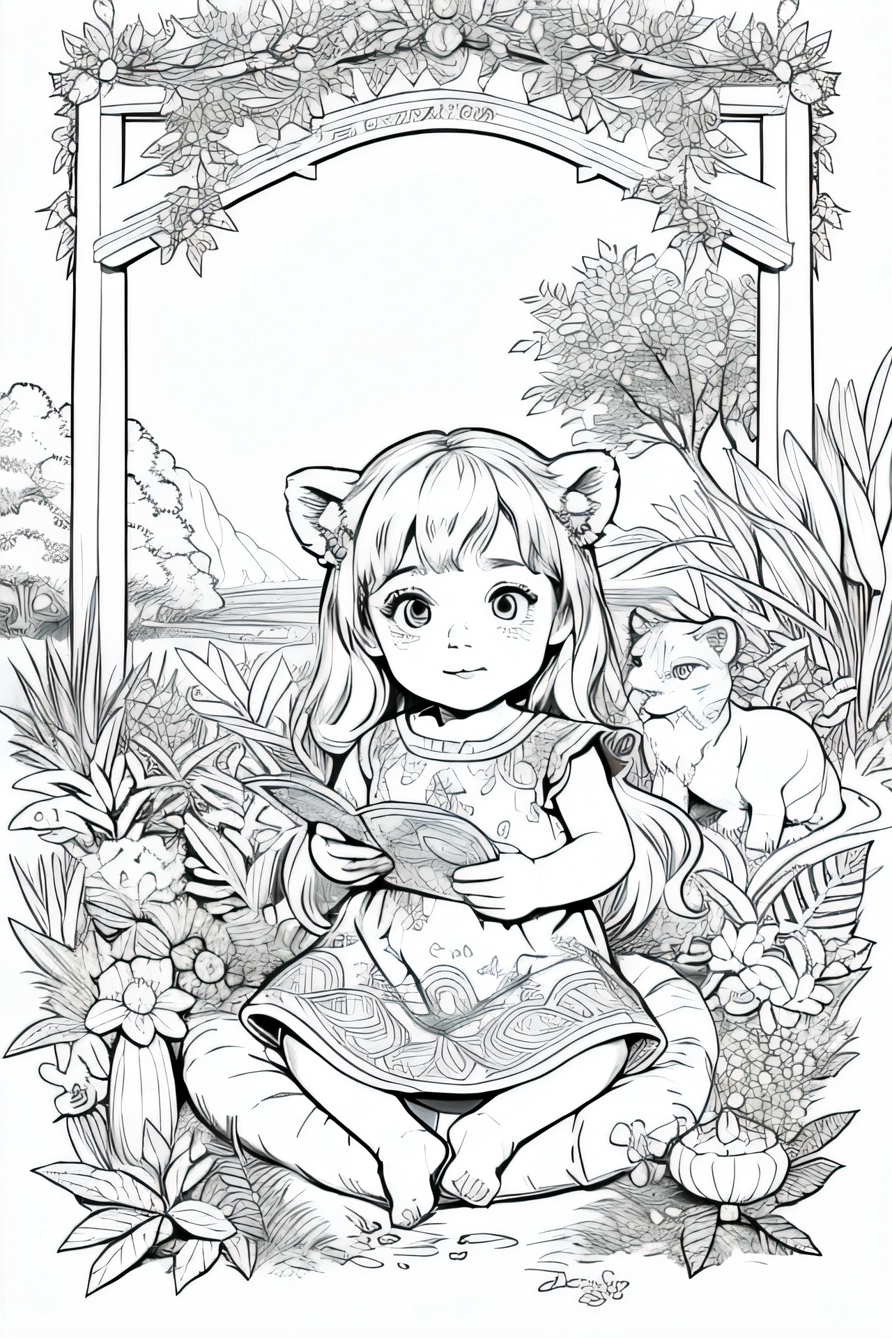 Coloring book of a baby lion in the forest, estilo cartoon, linhas grossas, sem cor, fundo branco, dashes only