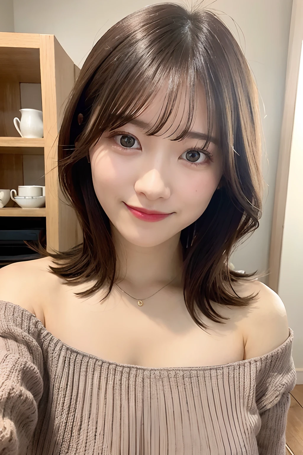 top-quality、Photorealsitic、8K、hight resolution、Perfect litthing、a gorgeous、​masterpiece、realisitic、closeup portrait、
1girl in、piercingeyes、off-the-shoulder sweater、middlebreasts、shorth hair、Look at viewers、kindly smile、in a cafe、in the room、a miniskirt、sun shine