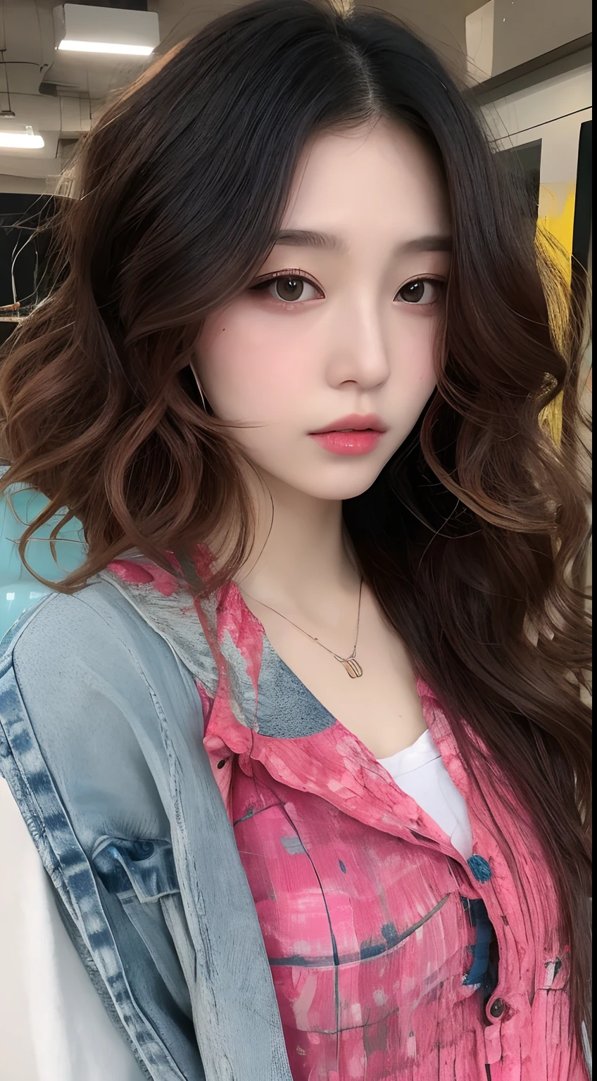 one Japanese teen model , hair model, Unique wavy short layered colorful hair details, cyberpunk hiphop fashion, Near future , double eyelid, plump lips, professional makeup