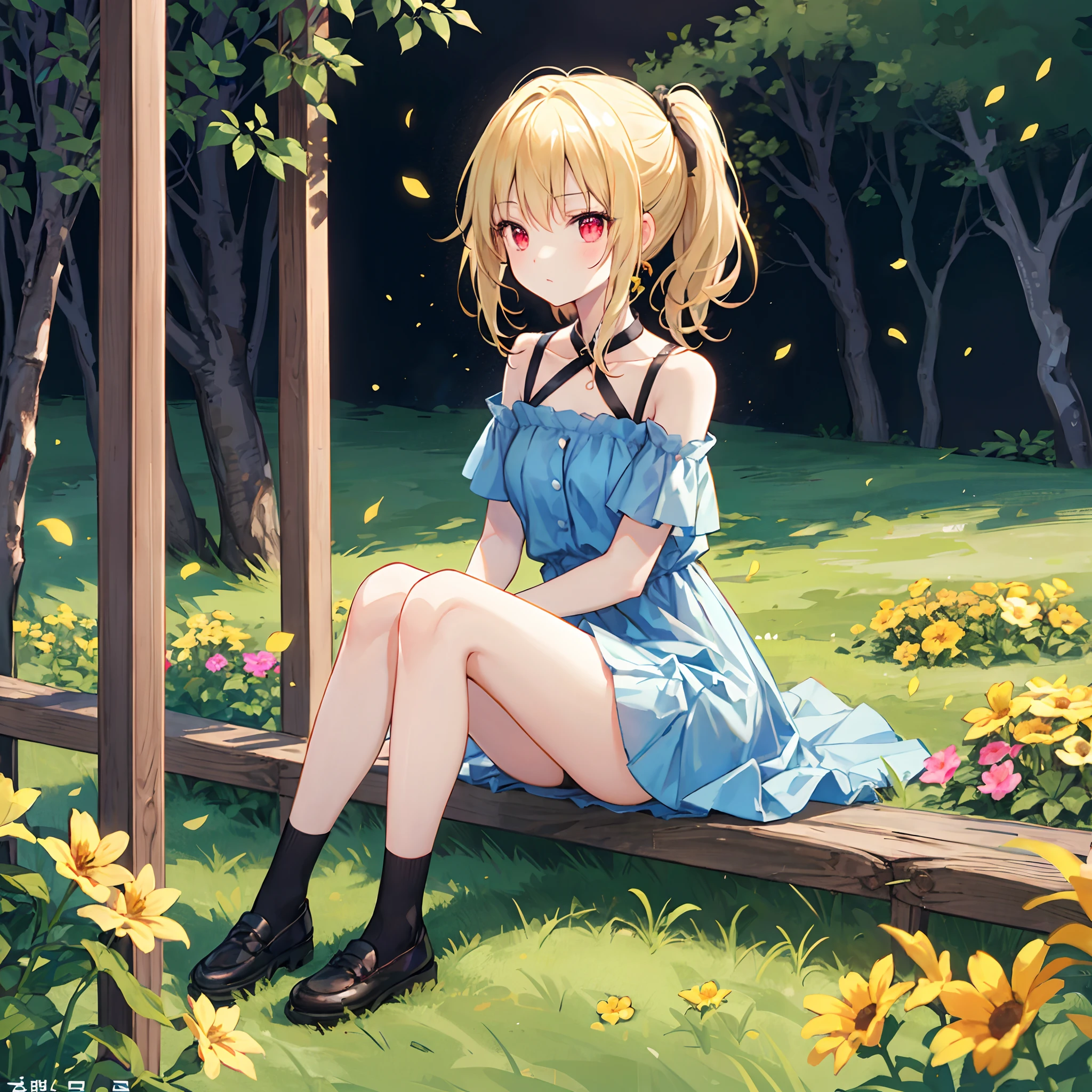 a blond、poneyTail、red eyes、Beautiful girl alone、Light blue dress、off shoulders、a miniskirt、Black tights、sitting on、flower field