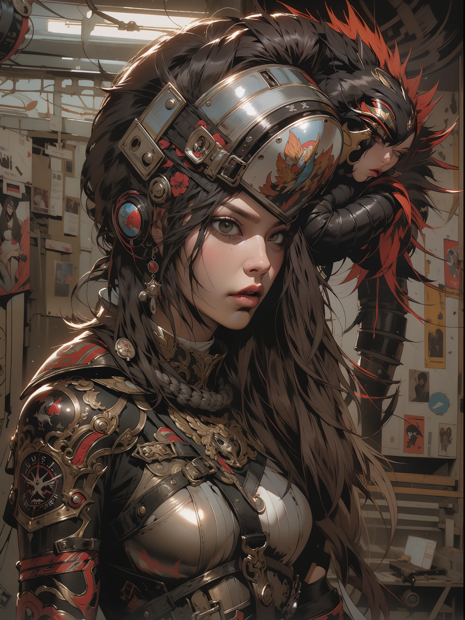 (((mulher))), (((melhor qualidade))), (((obra prima))), (((adulto))), (((1girl))), ((( corte de cabelo moicano ))), Uma gladiadora cyberpunk mulher de 25 anos com corpo perfeito, alien armor, h.r. Estilo Giger, shoulder pads with metal spines, Gladiadores do Brooklyn, (( corte de cabelo moicano )), tiny leather panties, camiseta de time de rugby rasgada, quase nua no estilo selvagem urbano de Simon Bisley para a capa da revista Heavy Metal, Cabelo loiro curto, Minimum clothing, Metal protection on the left arm with intricate graphics, Dark red with white stars and black and white checkerboard pattern, armadura, cheio de pontas e rebites, (((do joelho pra cima))), cabelos loiro branco curto, no fundo uma parede pintada por Shepard Fairey com um design intrincado