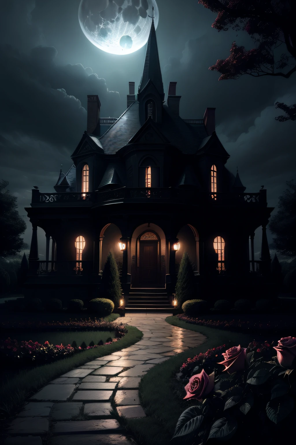 gloomy and dark mansion full moon night with rose garden