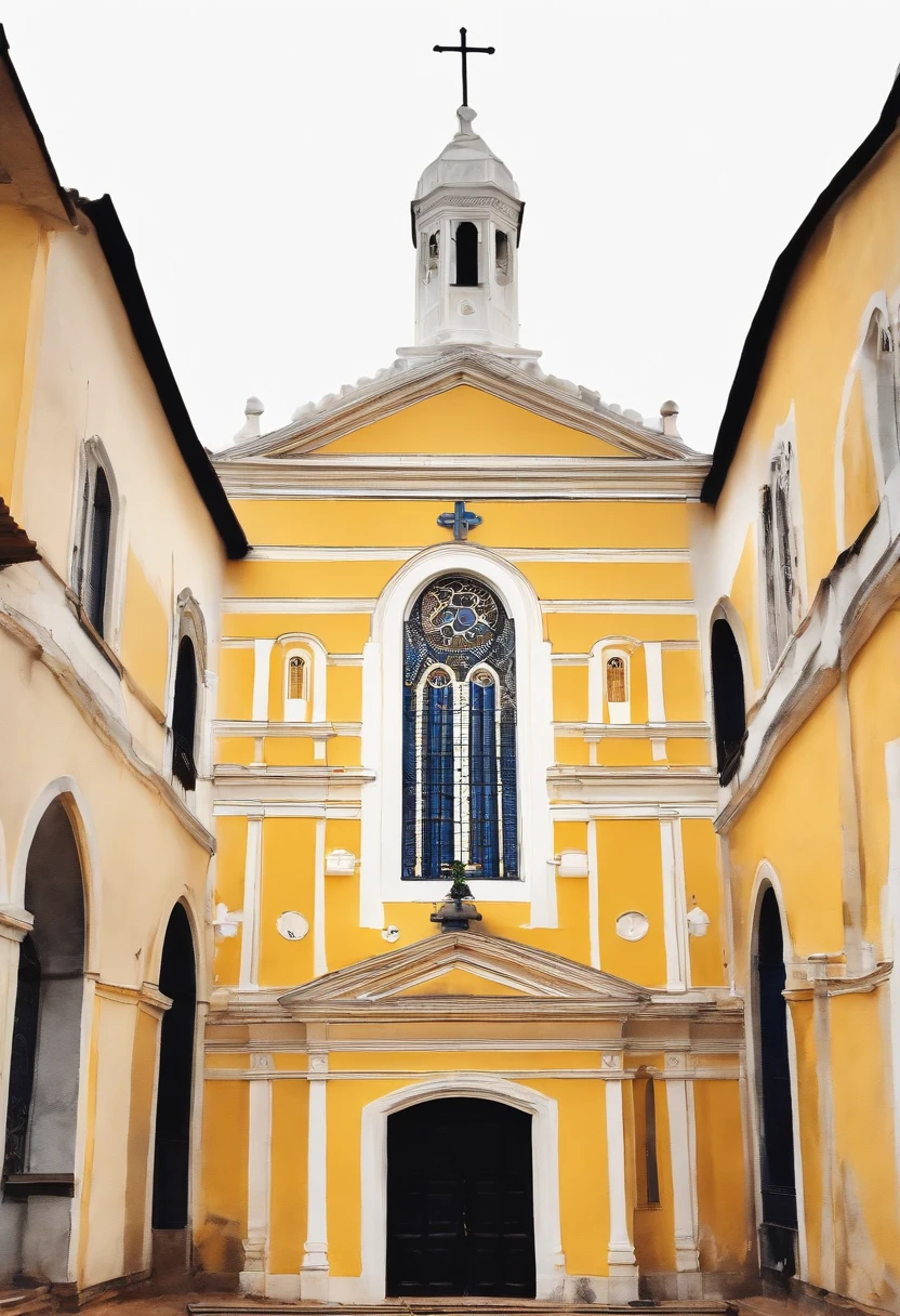 Igreja pequena vista de frente, Symmetrical church between right and left, no other building than the church, Parts of the church are: a tower on the left and a tower on the right, em cada torre um sino, lonely church, Pintura clara aguada sobre papel branco, pintura de arte, Capela igreja amarela clara com porta azul, pintura de aquarela sobre uma textura, aquarela clara, aquarela aguada, bordas esvanecendo sobre o papel