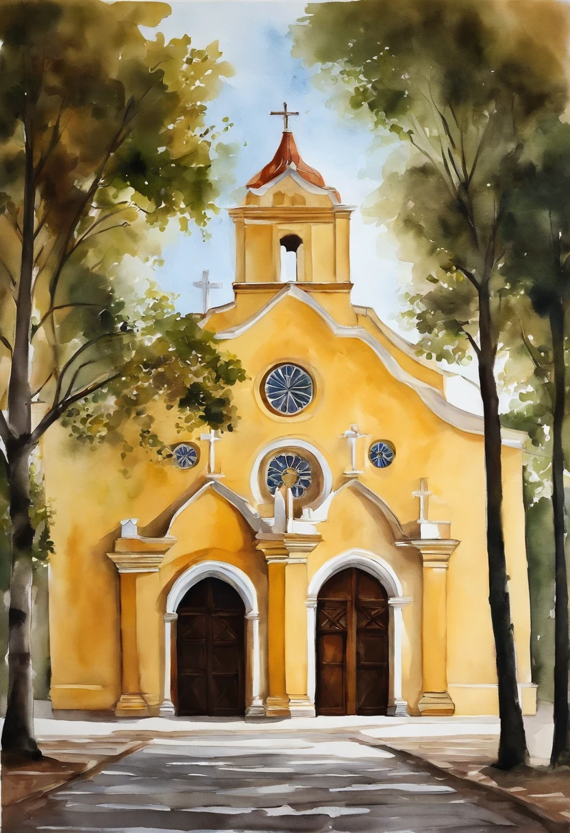 Igreja pequena vista de frente, Symmetrical church between right and left, no other building than the church, Parts of the church are: a tower on the left and a tower on the right, em cada torre um sino, lonely church, Pintura clara aguada sobre papel branco, pintura de arte, Capela igreja amarela clara com porta azul, pintura de aquarela sobre uma textura, aquarela clara, aquarela aguada, bordas esvanecendo sobre o papel