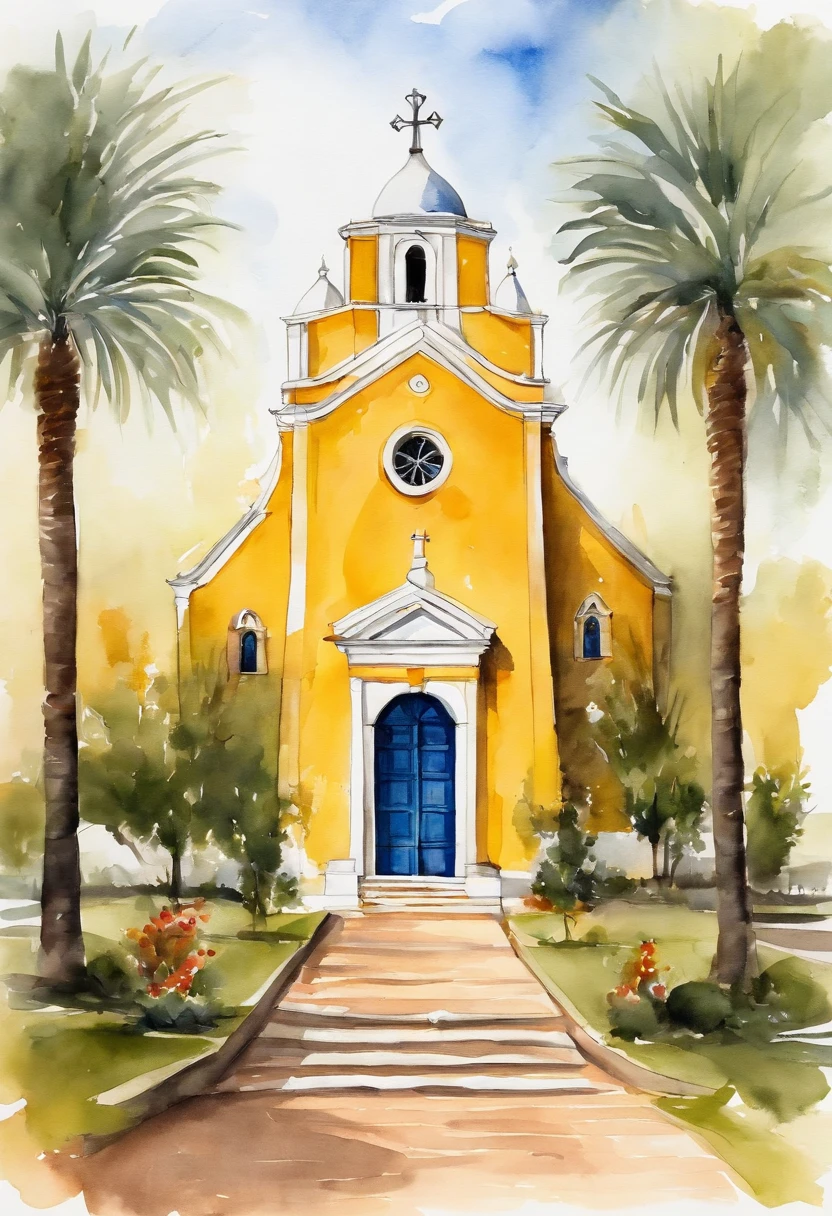 Igreja pequena vista de frente, Symmetrical church between right and left, no other building than the church, Parts of the church are: a tower on the left and a tower on the right, em cada torre um sino, lonely church, Pintura clara aguada sobre papel branco, pintura de arte, Capela igreja amarela clara com porta azul, pintura de aquarela sobre uma textura, aquarela clara, aquarela aguada, bordas esvanecendo sobre o papel