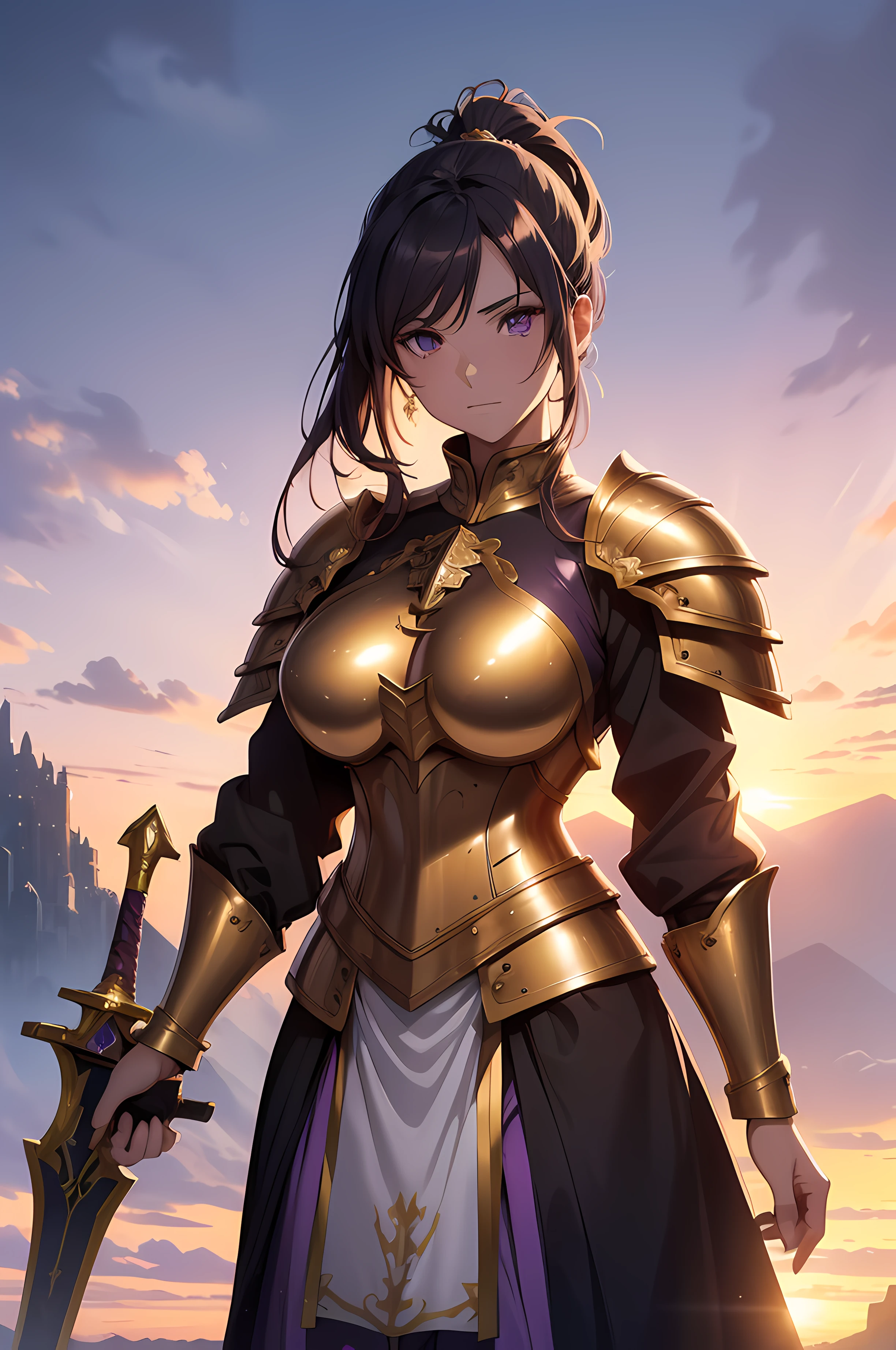 Paladin,beautiful breasts,holding shield,spear,Hair Color is gold,hair style is sideponytali, hair over one eye,high Quality,best quality