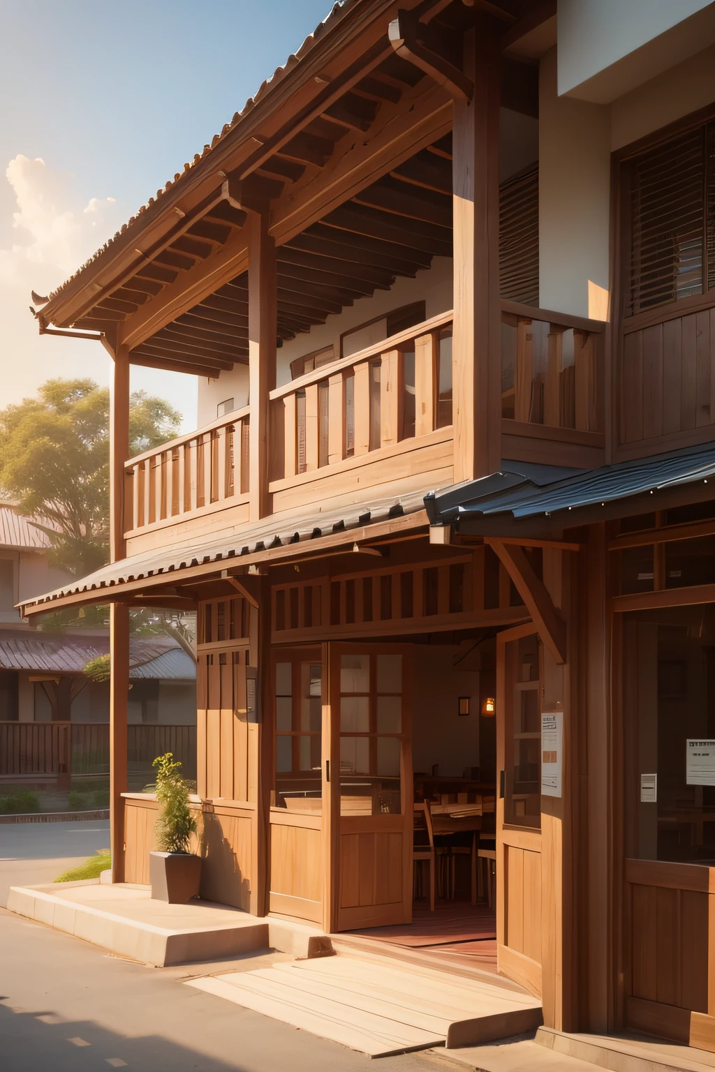 Exterior view of restaurant with 6-gene shaped veranda made of wood