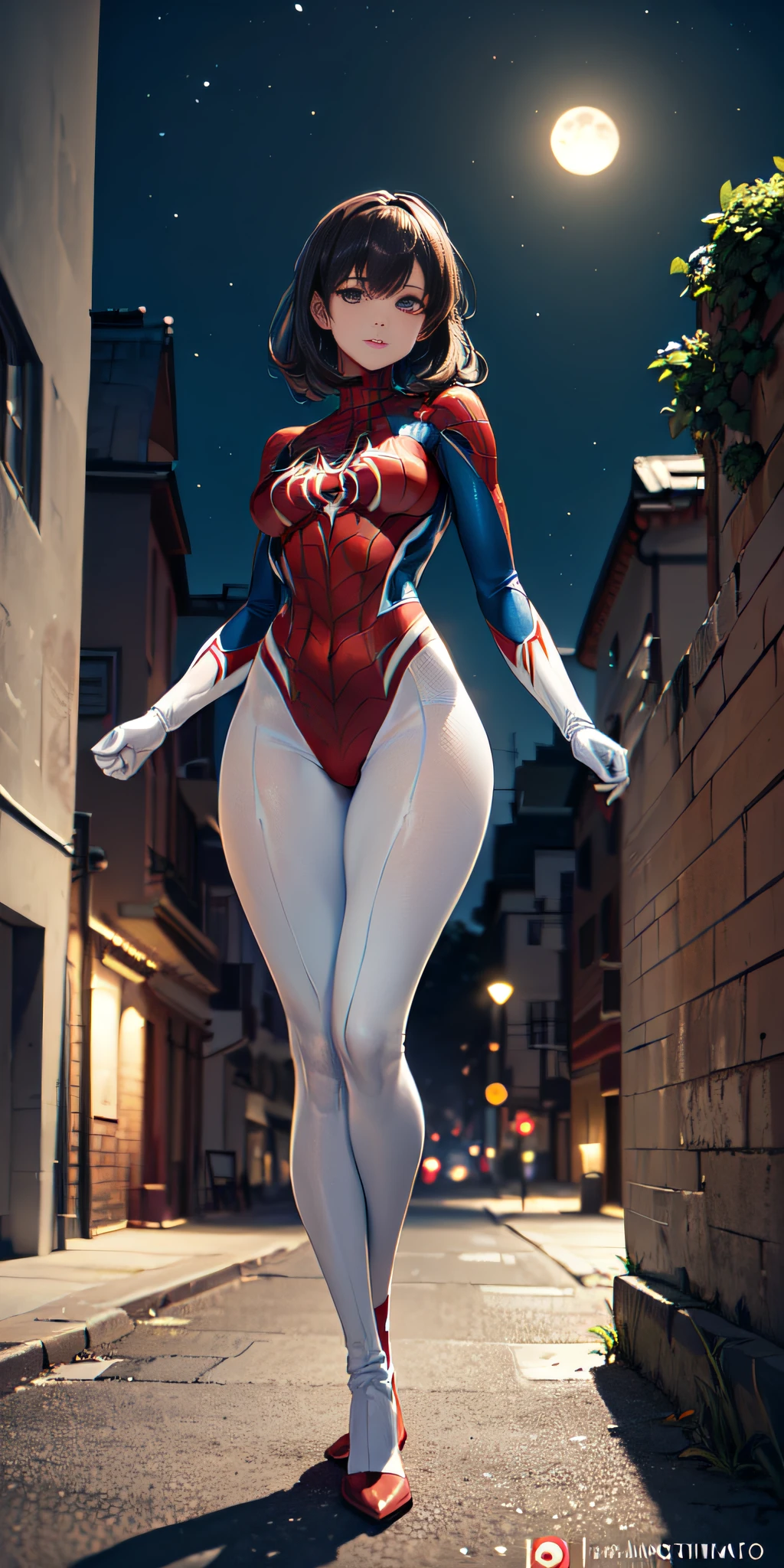 anime, anime profesional, (obra maestra, 4k-resolution, ultra realista, muy detallado), (White Superhero Themes, carismatic, hay una chica en la parte superior de la ciudad, vestido con el traje de Spider-Man de color negro y verde fluorescente, she is a superhero), [ ((25-years old), (Pelo largo y blanco: 1.2), Slim build, Cuerpo completo y perfecto, (ojos azules: 1.2), ((pose muy atrevida), (paisaje urbano, Por la noche, dinamic lights), (Luna llena)))]