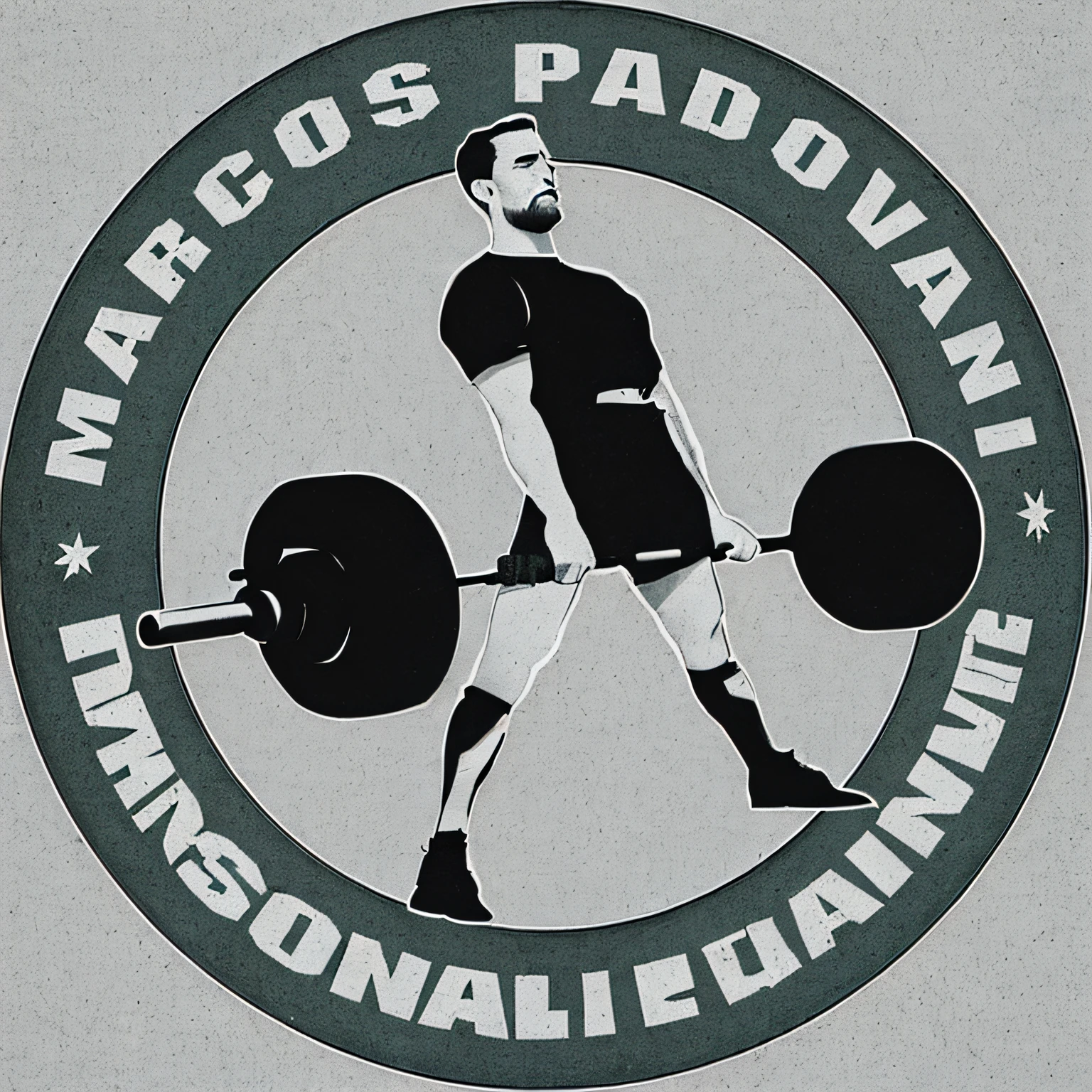 um logotipo, estilo retro preto e cinza com um homem segurando uma barra, Directed by: Mirko Rački, Directed by: Max Svabinsky, pessoal, Nicola Samuri, Directed by: Nicholas Marsicano, Darius Zawadzki, logotipo redondo, Alex Miranda, inspired by Mirko Rački, Directed by: Viktor Madarász, Alejandro