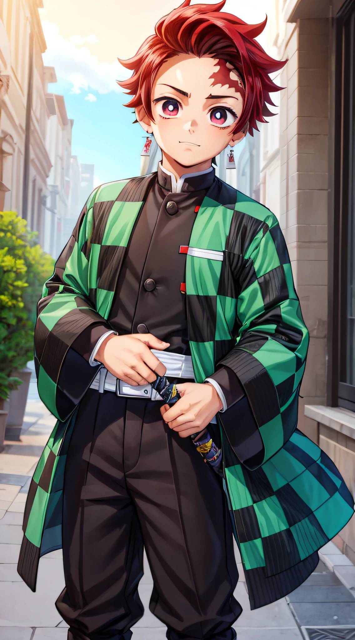 (1 boy:1.4),(male face details:1.4),more details in eyes,cute,looking at viewer, adorabel boy,cute face,details sky,handsome,young,juvenile,((masterpiece:1.4,best quality)),multiple details, eyeshadow,sfw, full shot, green valley, (NICHIRIN SWORDS)
(TANJIRO), (ORIGINALOUTFIT), (SCAR,SCAR ON FOREHEAD, CHECKERED CLOTHES, 1BOY, RED HAIR),green and black clothes,