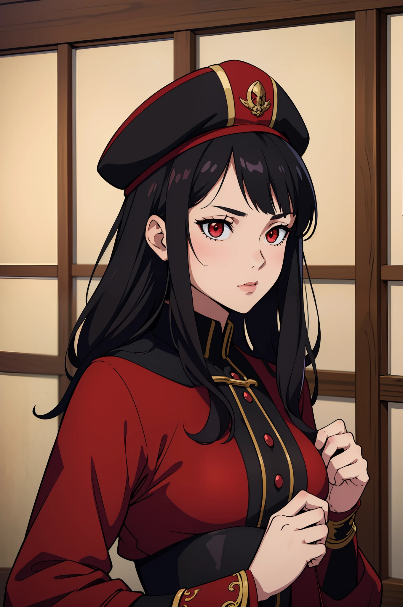 (masterpiece, highly detailed, best quality) 1girl, adult, extremely detailed anime face and eyes, red eyes, black hair, black cap, 1700's clothes style, fantasy