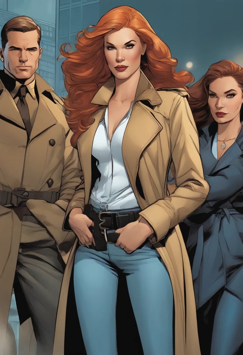 Close-up of people in trench coats and jeans, official character art, official character illustration, adam hughes, character art closeup, Women researchers, full body portrait of jean grey, detailed character art, detailed character portrait, Comic book cover art by Phil Noto, Anya, Spy x family, full-colour illustration, heroines, Dinah Drake, detective clothes
