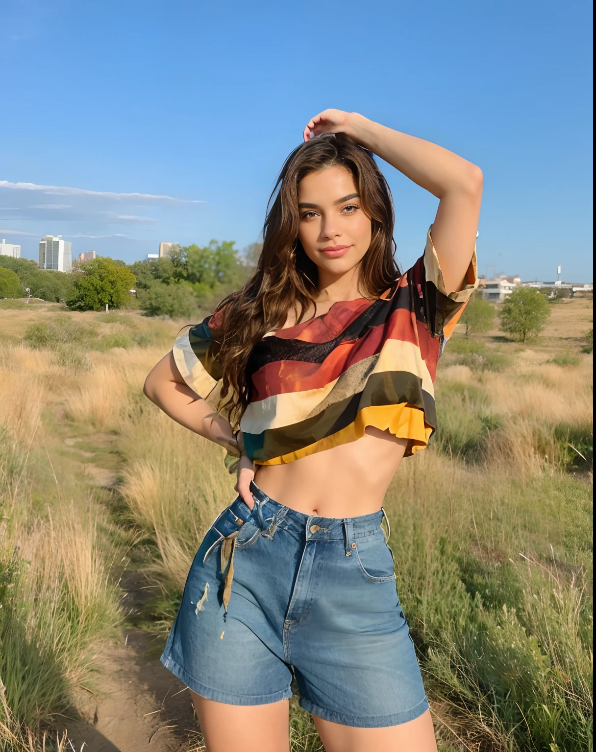 An urban adult female with a messy layered bob of long and curly brown hair, warm brown eyes reflecting compassion and kindness. Her self-assured demeanor and graceful figure exude elegance as she stands before an impressive urban white shirt and blue jeans . Clad in a sophisticated dark brown office frock and gladiator heels, she remains resolute in the face of an apocalyptic wind and weather. The photorealistic image captures her captivating presence amidst the chaos, and the sparkling eyes draw viewers into the compelling visual narrative of strength and determination , mixed race , smiling , looking away , 18 years old .
