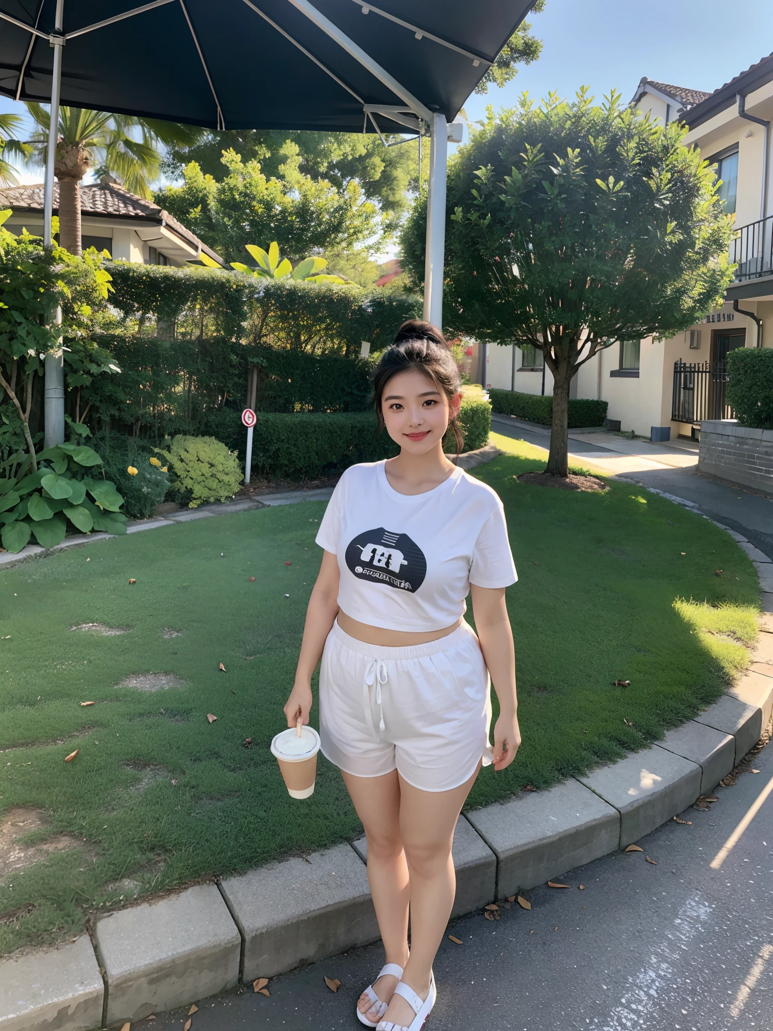 ((small underboob,Tomboyish,small heads)), (short-length straighthair: 1.2), Black hair,short ponytail hair，Upper body, （极其细致的CG 8k壁纸），（Extremely refined and beautiful），（Masterpiece），（best qualtiy：1.0），（超高分辨率：1.0），beautiful light up，Perfect lightning，realistic shaded，[A high resolution]，Smooth and flawless fair skin，ultra - detailed，A girl with obesity，plump figure，(small breasts:1.1)，flat chest，Obesity，（fat：1.3），（Thick waist：1.3），（giantic belly：1.3），flab，Thick arms, thick legs，（huge hips：1.3），big fat Face，Smile，cheerfulness，（Camel short-sleeved T-shirt:1.1），（White sheer tulle shorts：1.1），white short socks, Light blue slippers，Summer，eventide，Crowded crowds，at the doorstep of a school，Outside the school fence，standing，outside，Tree-lined roadsides，A cup of coffee in hand，Close-up，Drink coffee with a straw，close shot