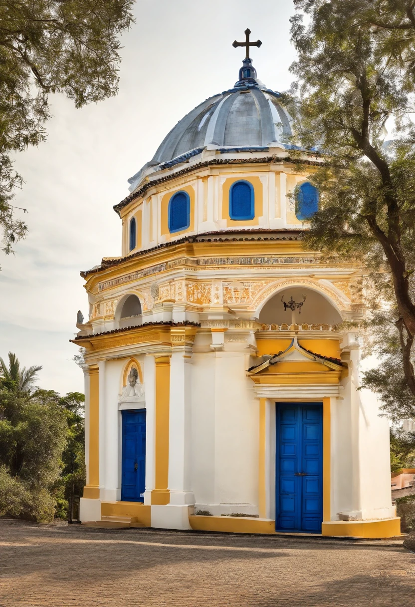 Igreja muito simples e pequena, vista de frente, Symmetrical church between right and left, no other building than the church, Parts of the church are: a tower on the left and a tower on the right, em cada torre um sino, lonely church, Pintura clara aguada sobre papel branco, Pintura de Arte, Capela igreja amarela clara com porta azul, pintura de aquarela sobre uma textura, aquarela clara, aquarela aguada, bordas esvanecendo sobre o papel