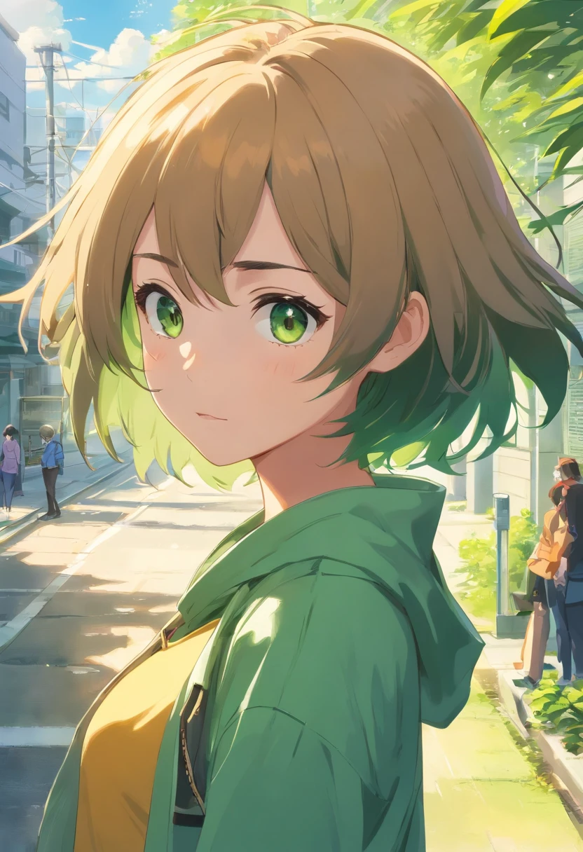 garota fofa de cabelo castanho claro, olho verde, moletom amarelo.