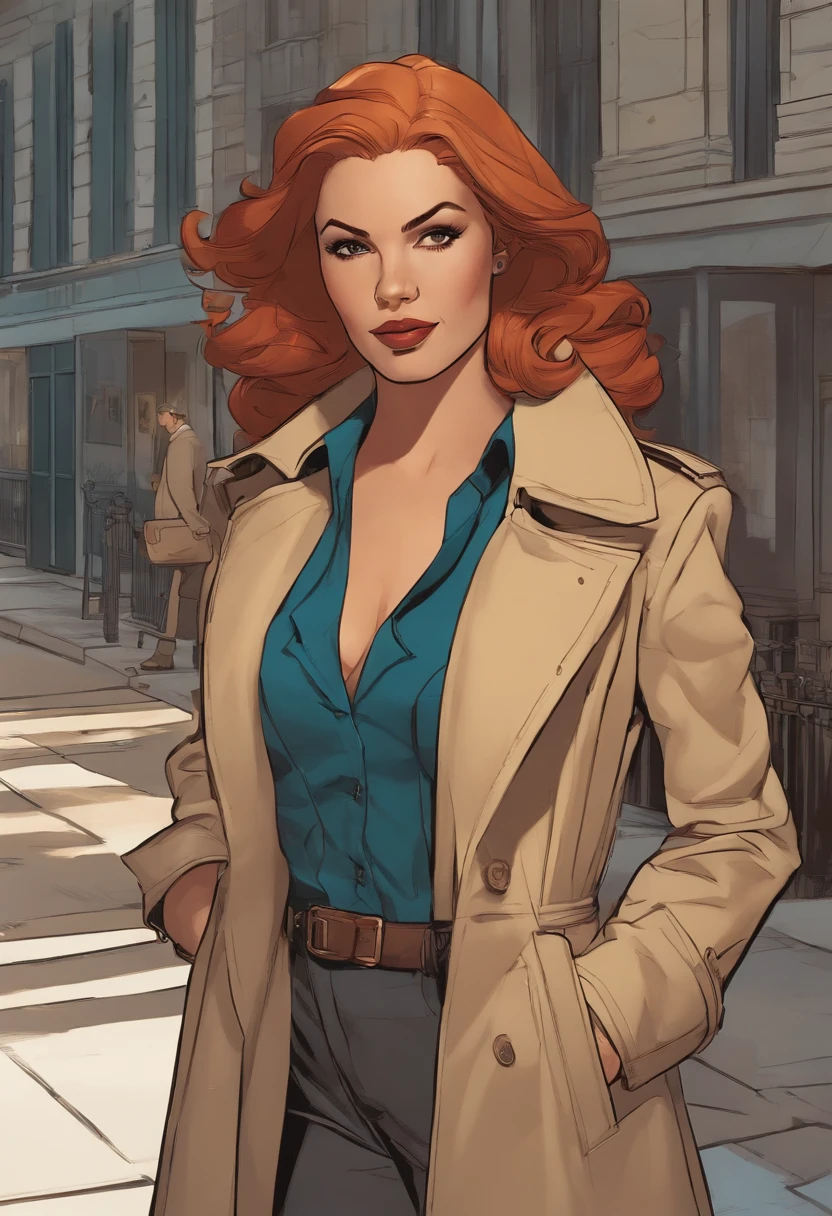 Close-up of people in trench coats and jeans, official character art, official character illustration, adam hughes, character art closeup, Women researchers, full body portrait of jean grey, detailed character art, detailed character portrait, Comic book cover art by Phil Noto, Anya, Spy x family, full-colour illustration, heroines, Dinah Drake, detective clothes