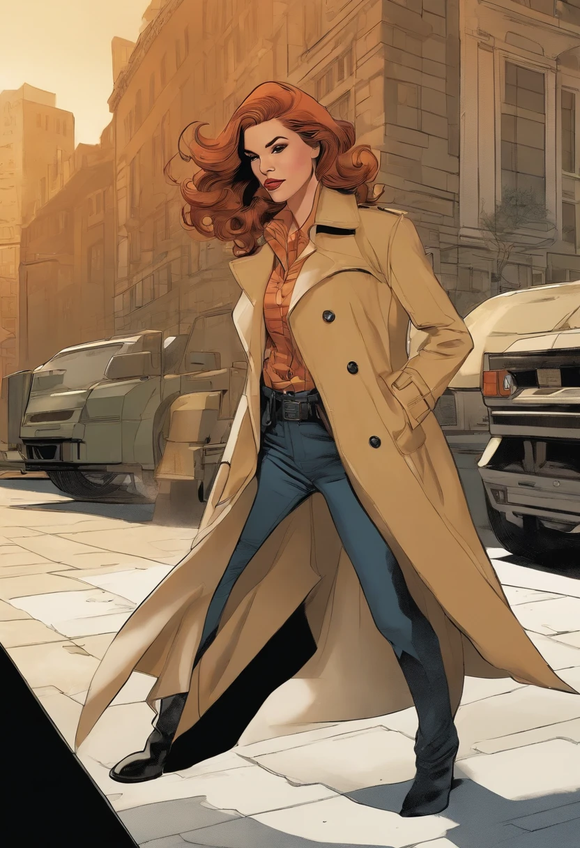 Close-up of people in trench coats and jeans, official character art, official character illustration, adam hughes, character art closeup, Women researchers, full body portrait of jean grey, detailed character art, detailed character portrait, Comic book cover art by Phil Noto, Anya, Spy x family, full-colour illustration, heroines, Dinah Drake, detective clothes