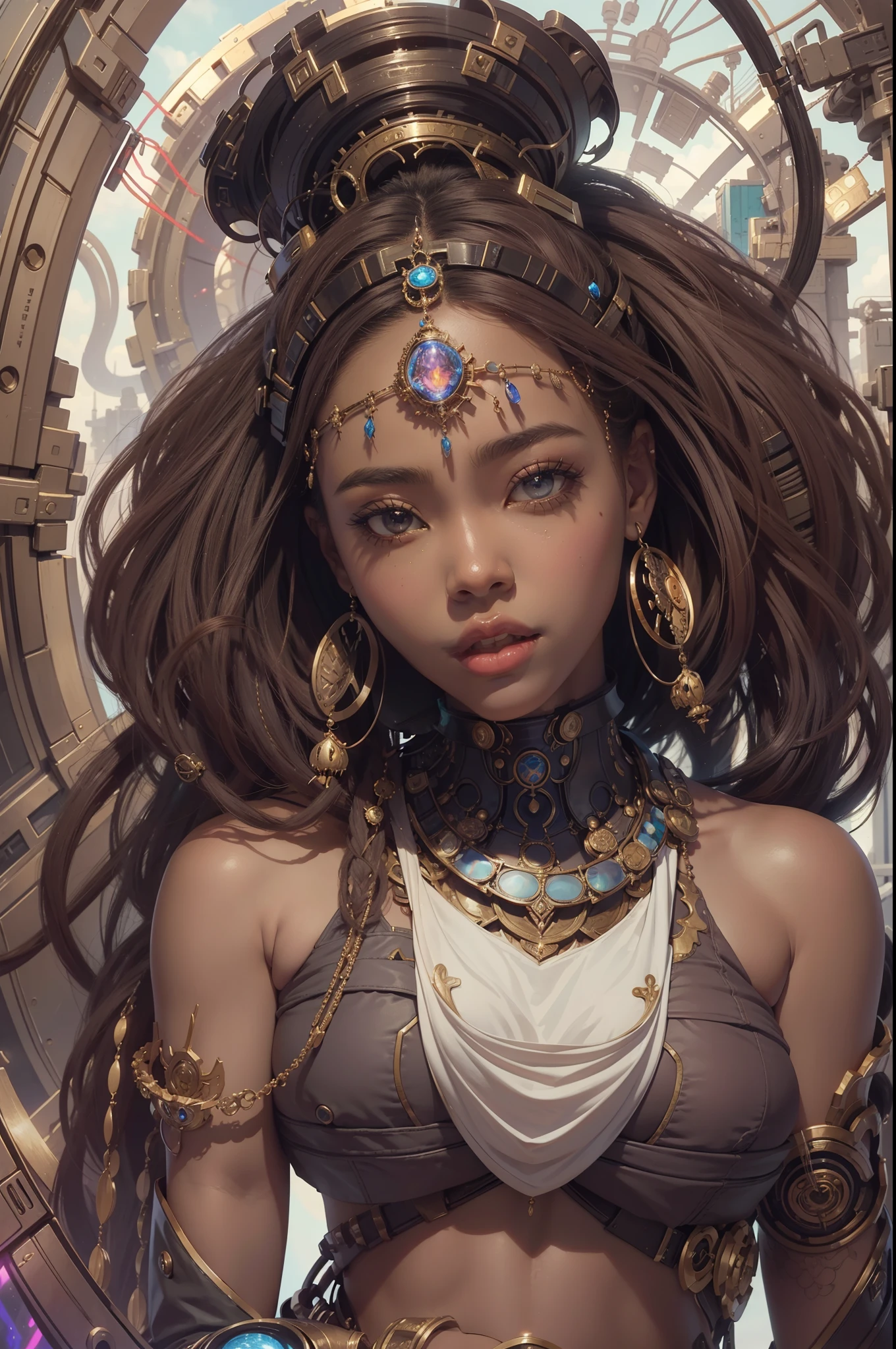 Close up portrait of woman with big headpiece and big necklace, rossdraws | afro futurism, Afrofuturism anime, afro futurism, afrofuturism style, afrofuturistic, artgerm julie bell beeple, beautiful cyborg priestess, afro futurism, Art Germ and Warren Lowe, epic full color illustration, beautiful cyborg girl pinup