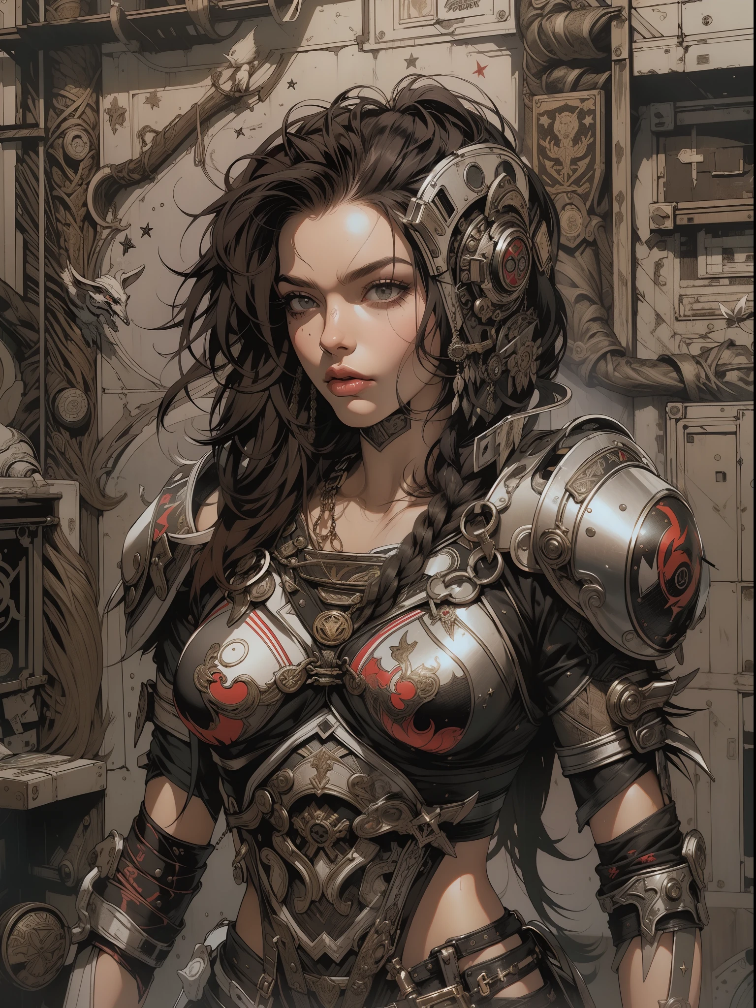 (((mulher))), (((melhor qualidade))), (((obra prima))), (((adulto))), (((1girl))), ((( corte de cabelo moicano ))), Uma gladiadora cyberpunk mulher de 25 anos com corpo perfeito, alien armor, h.r. Estilo Giger, shoulder pads with metal spines, Gladiadores do Brooklyn, (( corte de cabelo moicano )), tiny leather panties, camiseta de time de rugby rasgada, quase nua no estilo selvagem urbano de Simon Bisley para a capa da revista Heavy Metal, Cabelo loiro curto, Minimum clothing, Metal protection on the left arm with intricate graphics, Dark red with white stars and black and white checkerboard pattern, armadura, cheio de pontas e rebites, (((do joelho pra cima))), cabelos loiro branco curto, no fundo uma parede pintada por Shepard Fairey com um design intrincado