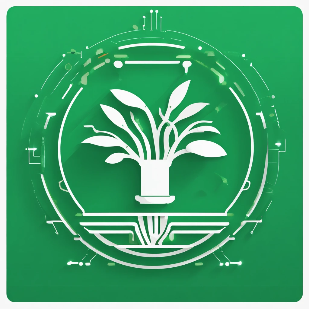 A logo, Plant and electronic circuits, solid color, Simple design, in green, Simple white background, Small center, Circular platform::2,