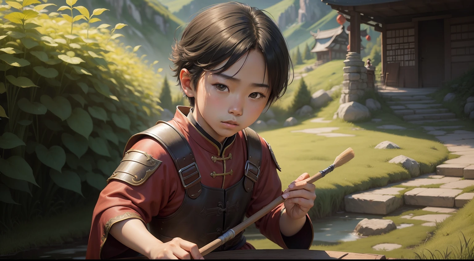 Young Chinese boy, From medieval times, with brush in hand, pintando um quadro da natureza
