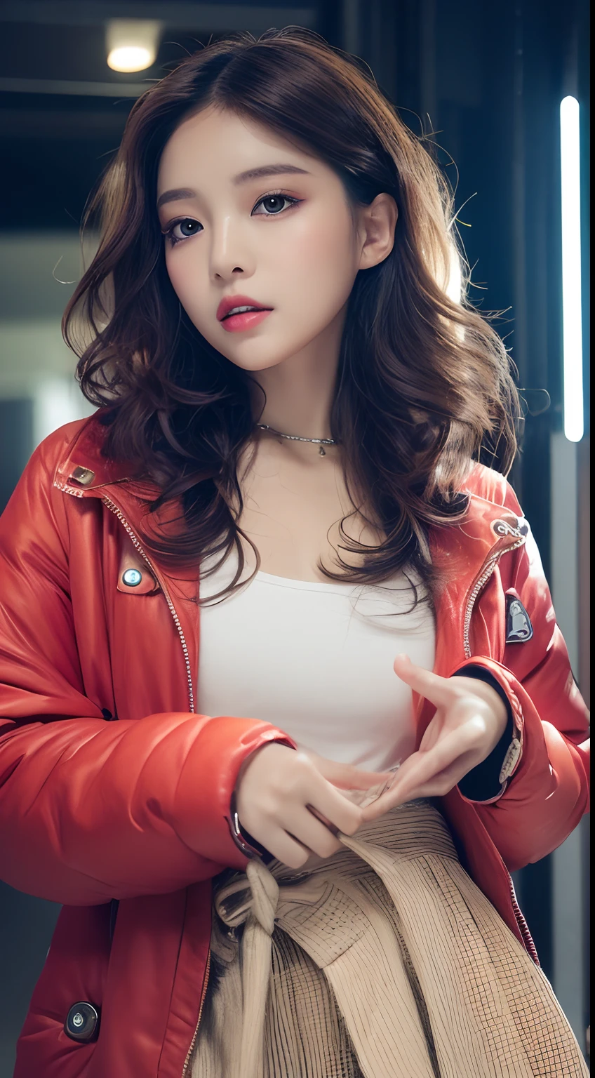 one Filipina model , hair model, Unique wavy short layered colorful hair details, cyberpunk hiphop fashion, Near future , double eyelid, plump lips, professional makeup