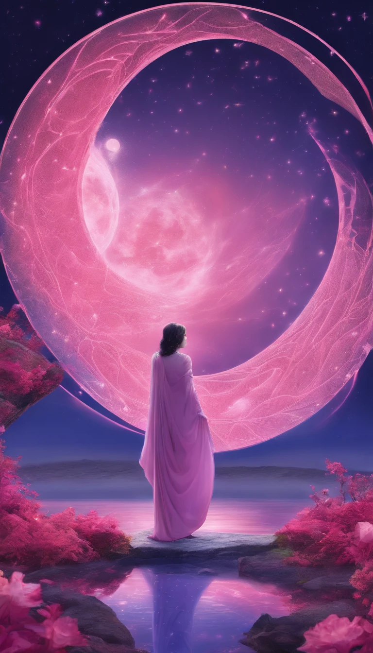 A distant cosmic being, standing with a pink cloak, below an inverted U-shaped portal. The feminine cosmic being with a staff resting on the watery ground in one hand and a lit lantern in the other hand, facing the portal and back to the screen, against a background of violet, pink, blue, and purple, a sky full of stars, with a large, bright Full Moon