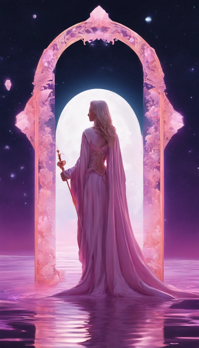 A distant cosmic being, standing with a pink cloak, below an inverted U-shaped portal. The feminine cosmic being with a staff resting on the watery ground in one hand and a lit lantern in the other hand, facing the portal and back to the screen, against a background of violet, pink, blue, and purple, a sky full of stars, with a large, bright Full Moon