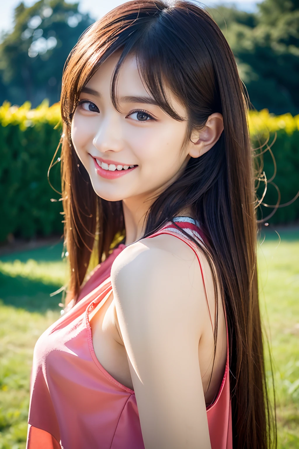 ((top-quality)), ((超A high resolution)), (Photorealsitic:1.4),,1girl in,The upper part of the body), looking at the viewers, facing the front there, a smile, laugh,length hair,ulzzang-6500-v1.1,pureerosface_v1, extended downblouse,