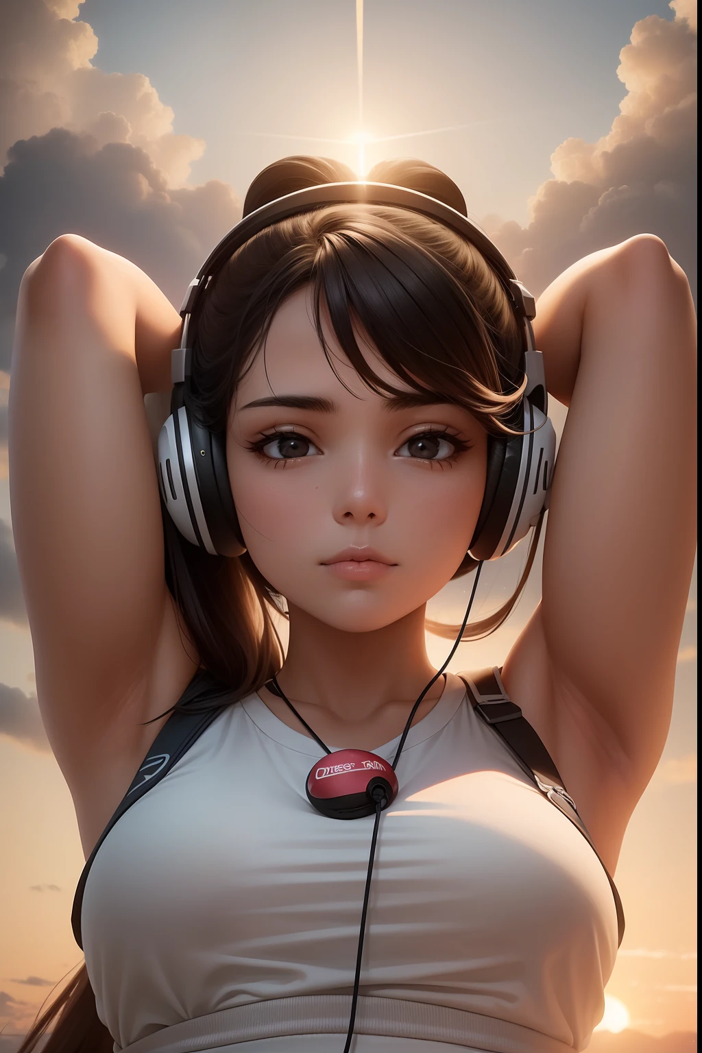 obra prima, melhor qualidade, girl, 19 anos, usando headphones, relaxando em cima de uma colina, sentado, arms behind her head, por do sol