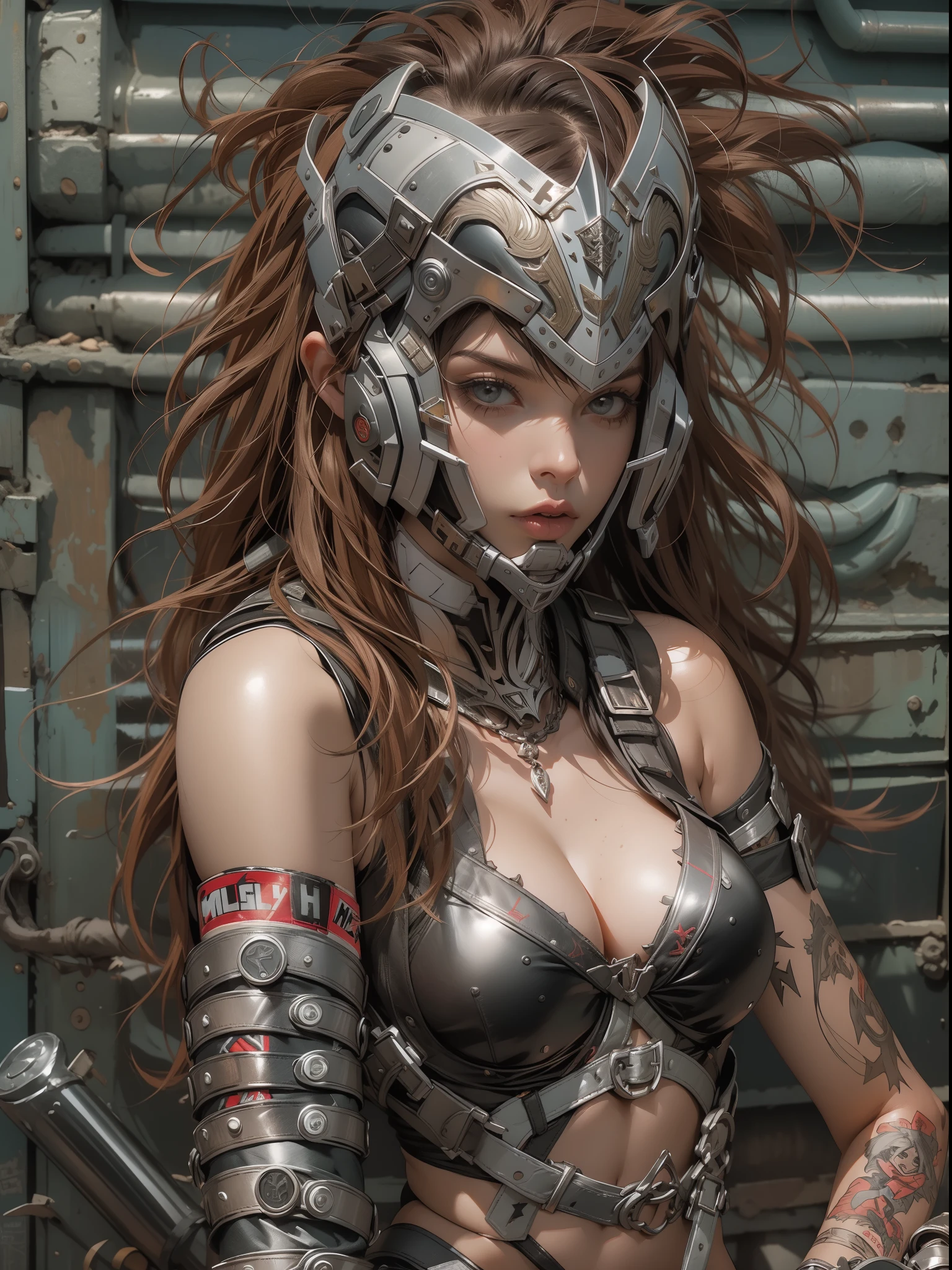 (((mulher))), (((melhor qualidade))), (((obra prima))), (((adulto))), (((1girl))), ((( corte de cabelo moicano ))), Uma gladiadora cyberpunk mulher de 25 anos com corpo perfeito, alien armor, h.r. Estilo Giger, shoulder pads with metal spines, Gladiadores do Brooklyn, (( corte de cabelo moicano )), tiny leather panties, camiseta de time de rugby rasgada, quase nua no estilo selvagem urbano de Simon Bisley para a capa da revista Heavy Metal, Cabelo loiro curto, Minimum clothing, Metal protection on the left arm with intricate graphics, Dark red with white stars and black and white checkerboard pattern, armadura, cheio de pontas e rebites, (((do joelho pra cima))), cabelos loiro branco curto, no fundo uma parede pintada por Shepard Fairey com um design intrincado