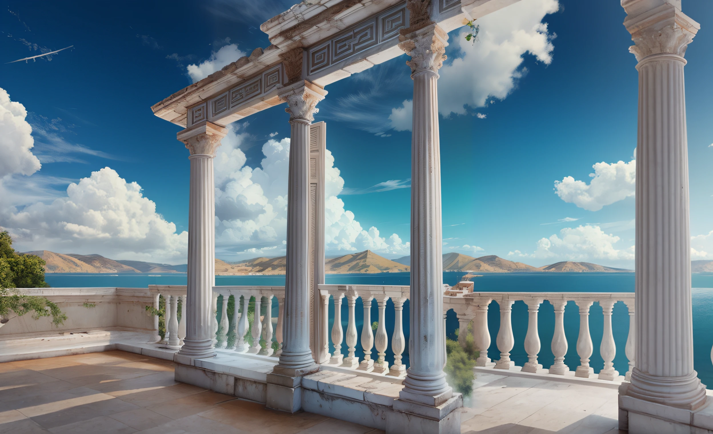 There is a view of a large body of water from a balcony, Paisagem grega da fantasia, Panorama da fantasia grega, Pintura fosca renderizada em 3D, pintura fosca altamente detalhada, pintura fosca em estilo fantasia, Pintura 3D Matte hiperdetalhada, Pintura 3D fosca hiperdetalhada, pintura fosca fotorrealista, pintura fosca, marble columns in the background, pintura fosca bonita, illustration matte painting