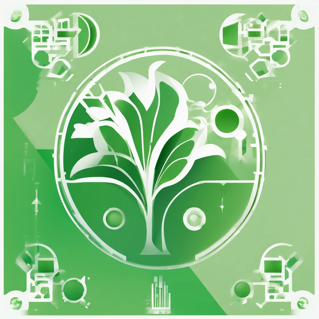 A logo, Plant and electronic circuits, solid color, Simple design, abstraction, Not detailed, in green, Simple white background, Small center, Circular platform::2,