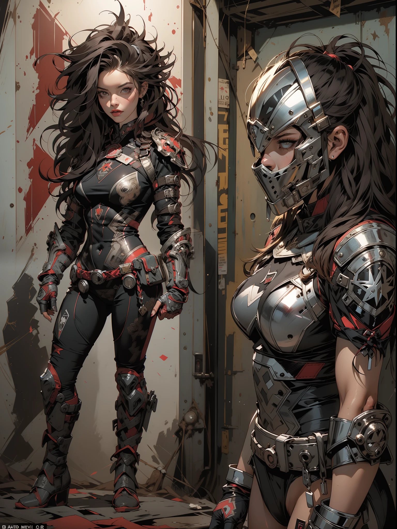 (((mulher))), (((melhor qualidade))), (((obra prima))), (((adulto))), (((1girl))), ((( corte de cabelo moicano ))), Uma gladiadora cyberpunk mulher de 25 anos com corpo perfeito, alien armor, h.r. Estilo Giger, shoulder pads with metal spines, Gladiadores do Brooklyn, (( corte de cabelo moicano )), tiny leather panties, camiseta de time de rugby rasgada, quase nua no estilo selvagem urbano de Simon Bisley para a capa da revista Heavy Metal, Cabelo loiro curto, Minimum clothing, Metal protection on the left arm with intricate graphics, Dark red with white stars and black and white checkerboard pattern, armadura, cheio de pontas e rebites, (((do joelho pra cima))), cabelos loiro branco curto, no fundo uma parede pintada por Shepard Fairey com um design intrincado