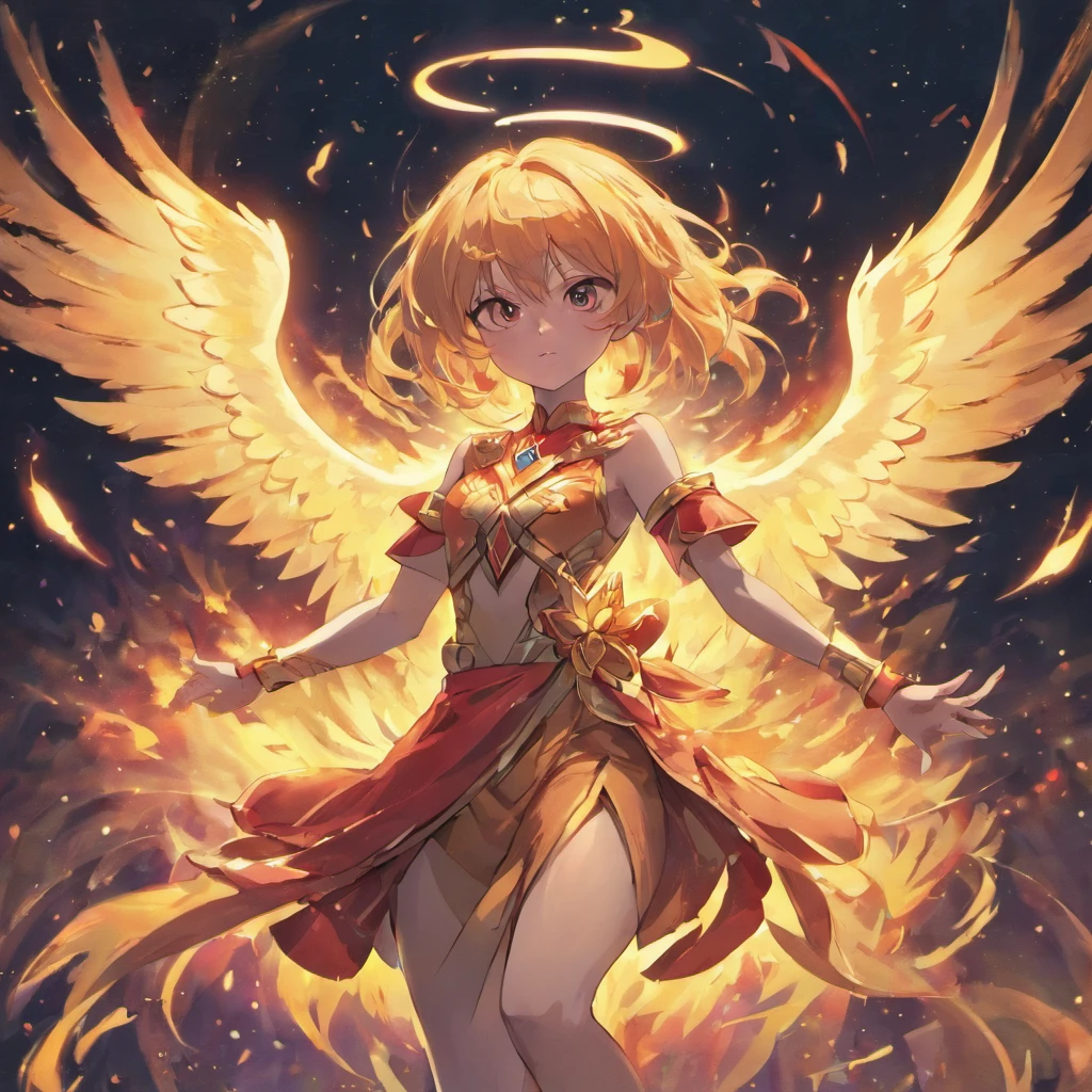 （divine bird），（fire phoenix），（The firelight outlined the phoenix's body)，The phoenix flaps its wings，(Brilhando com luz dourada)，sozinho,nigth,Multiple silhouettes，First-person elevation angle，super detalhamento，melhor qualidade，tmasterpiece，（8k)，extremamente detalhado，arte epica，Cartoon