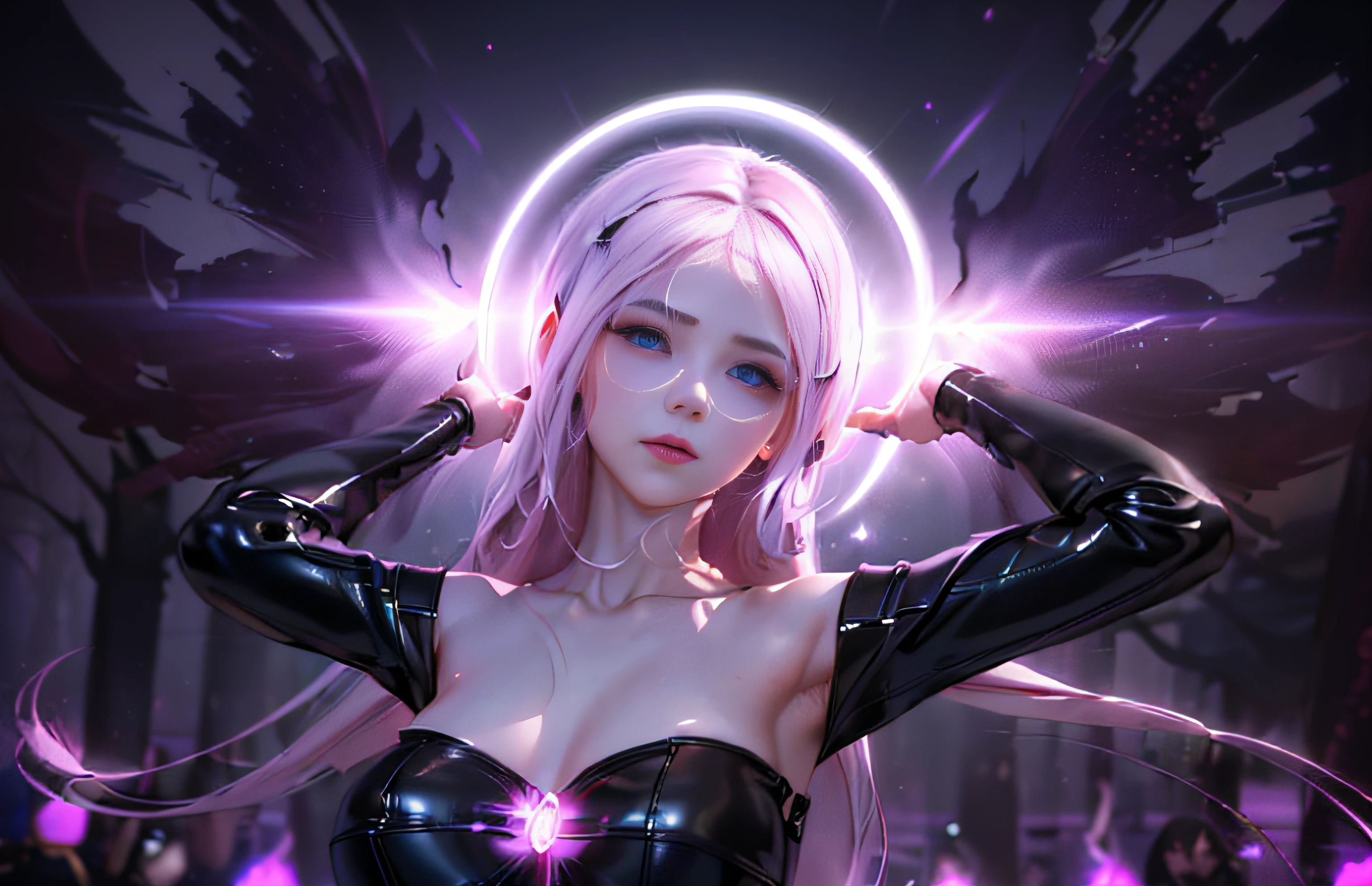 (anime girl), (white skin), ([pink] long hair), (holding a ring of light [behind her head]), (glowing halo), (wearing a black leather top), (vibrant colors), (detailed eyes and lips), (symetrical eyes), (bigf eyes), (small nose),(soft expression), (dynamic pose), (explosive energy), (magical atmosphere), (digital art), (sharp focus), (ultra-detailed), (highres), (bright lighting), (fantasy genre), (ethereal beauty), (stylized background), (floating particles), (dreamy ambiance), (intense gaze), (dynamic flow), (artistic composition), (anime style), (subtle gradient), (smooth brushstrokes), (majestic aura), (elaborate details), (expressive features), (captivating presence), (eye-catching), (contrast), (dramatic lighting), (ethereal), (mysterious), (enigmatic), (powerful), (feminine)