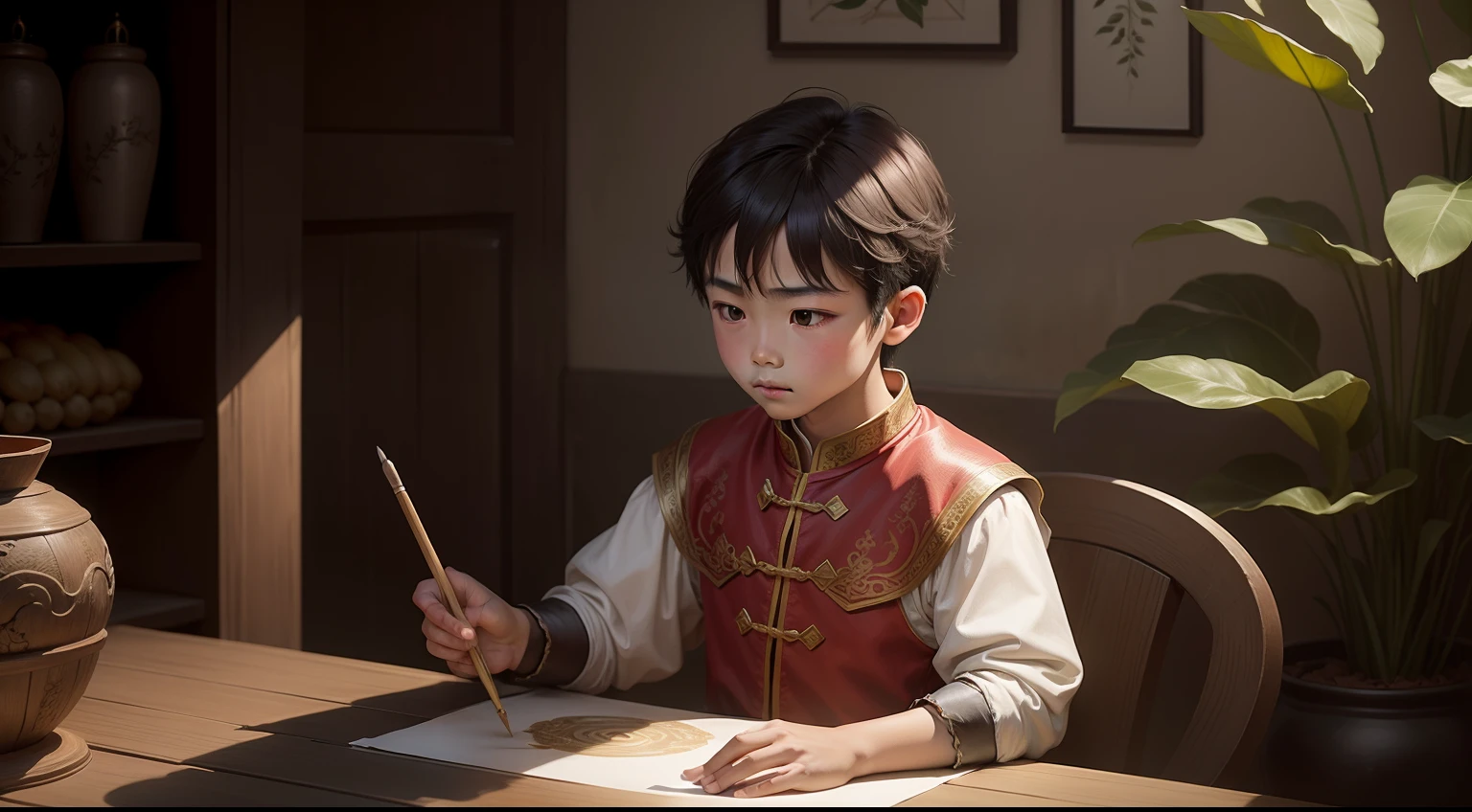 Chinese boy, From medieval times, diante de uma tela em branco, iniciando uma pintura retratando a natureza a sua volta