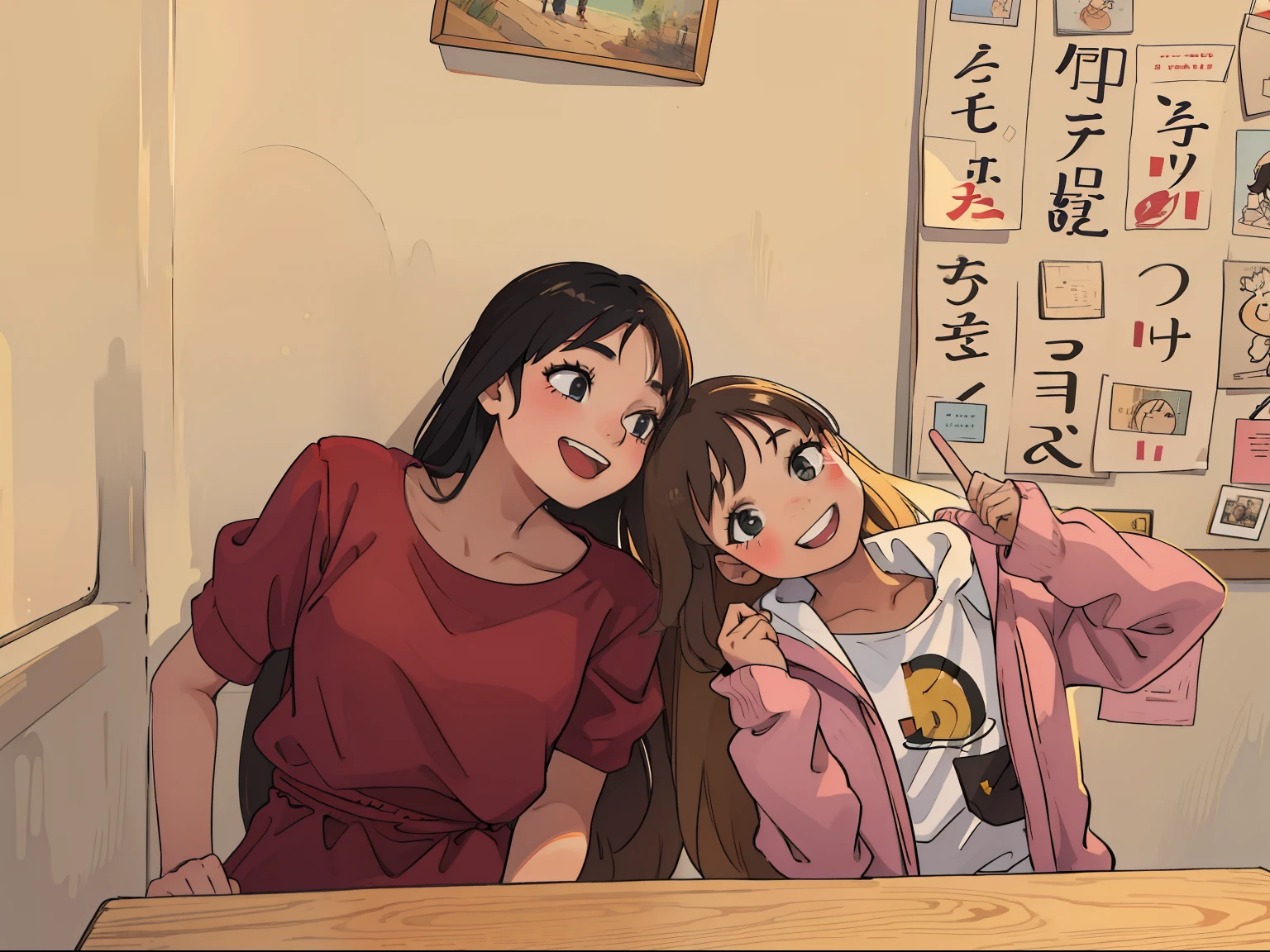 1 woman 25 years old and 1 girl , joyful, smile