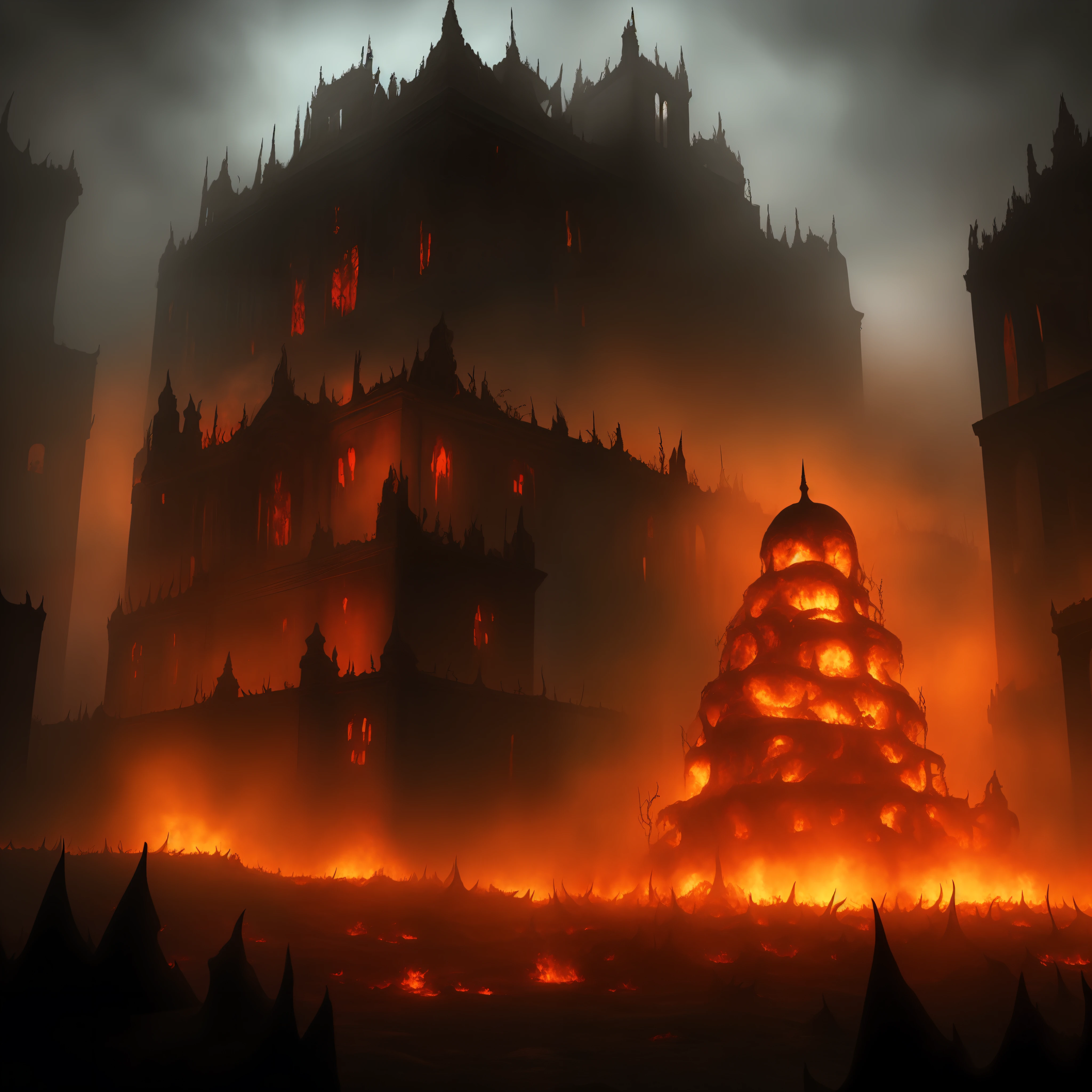 "Compose a vivid description of a nightmarish realm known as 'Hell.' Depict the surroundings, torments, and overall atmosphere of this infernal domain."