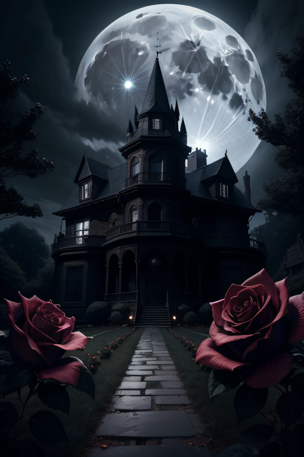 gloomy and dark mansion full moon night with rose garden