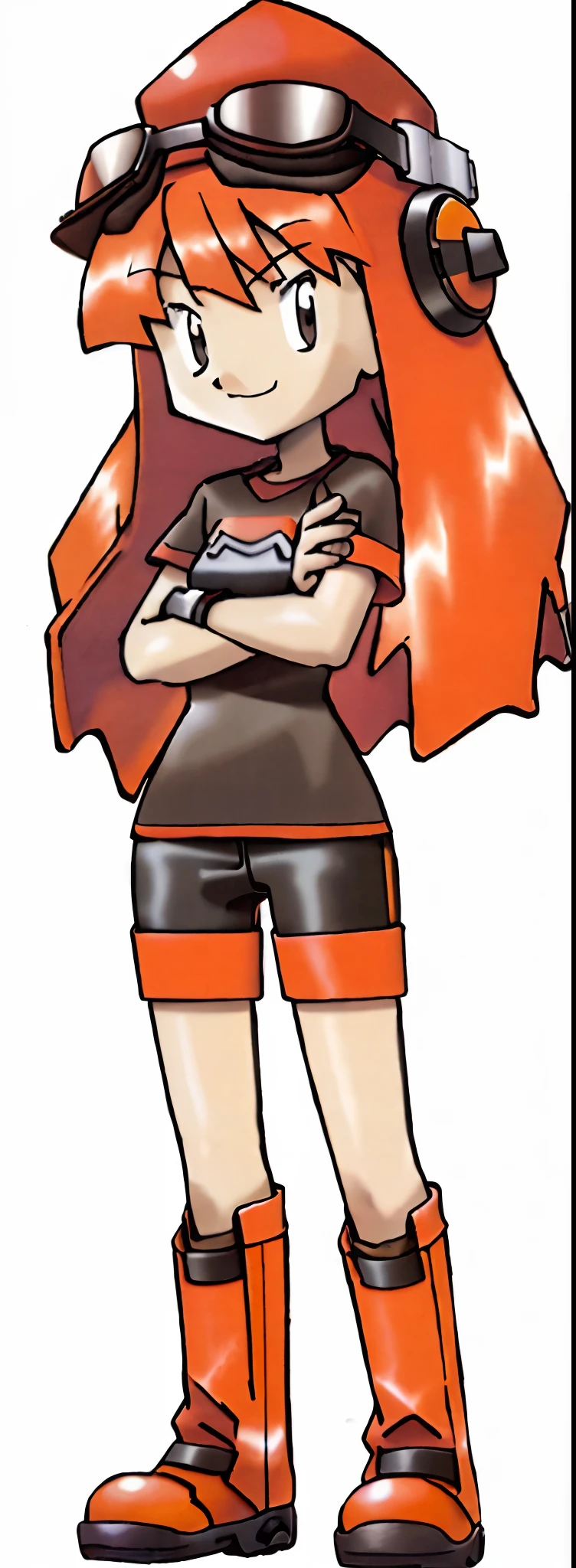 Meggy Spletzer, long orange hair, red beanie hat, black goggles placed atop head, white t-shirt with long black sleevees, arms crossed, tight black shorts, tall brown boots, legs, thicc thighs, wide hips, maroon eyes, happy, looking at viewer, cute, enormous hips