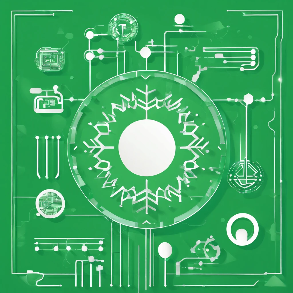 A logo, Plant and electronic circuits, solid color, Simple design, abstraction, fill, in green, Simple white background, Small center, Circular platform::2,