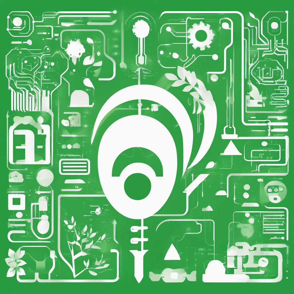 A logo, Plant and electronic circuits, solid color, Simple design, abstraction, fill, in green, Simple white background, Small center, Circular platform::2,