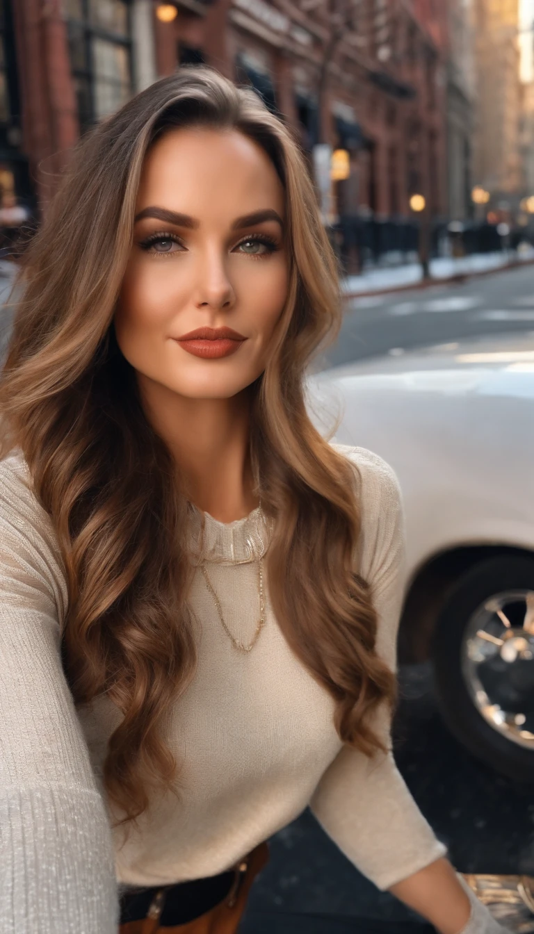 a selfie (masterpiece, best quality), beautiful woman, detailed sleeveless turtleneck, pants, necklace, wavy hair, perfect face, beautiful face, seductive, big beautiful eyes, open mouth, happy, perfect slender body , (outdoors), city streets, New York, bright colors